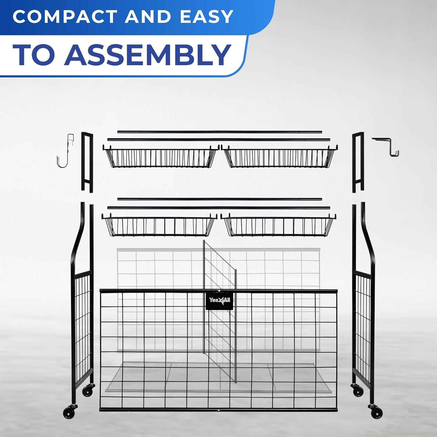 image:imageYES4ALL Sports Equipment Garage Organizer Garage Ball Storage Ball Cart Ball Rack Garage Organizer for Garage with Basket and Hooks Rolling Sports Ball Storage Cart for IndoorOutdoor Use Steel