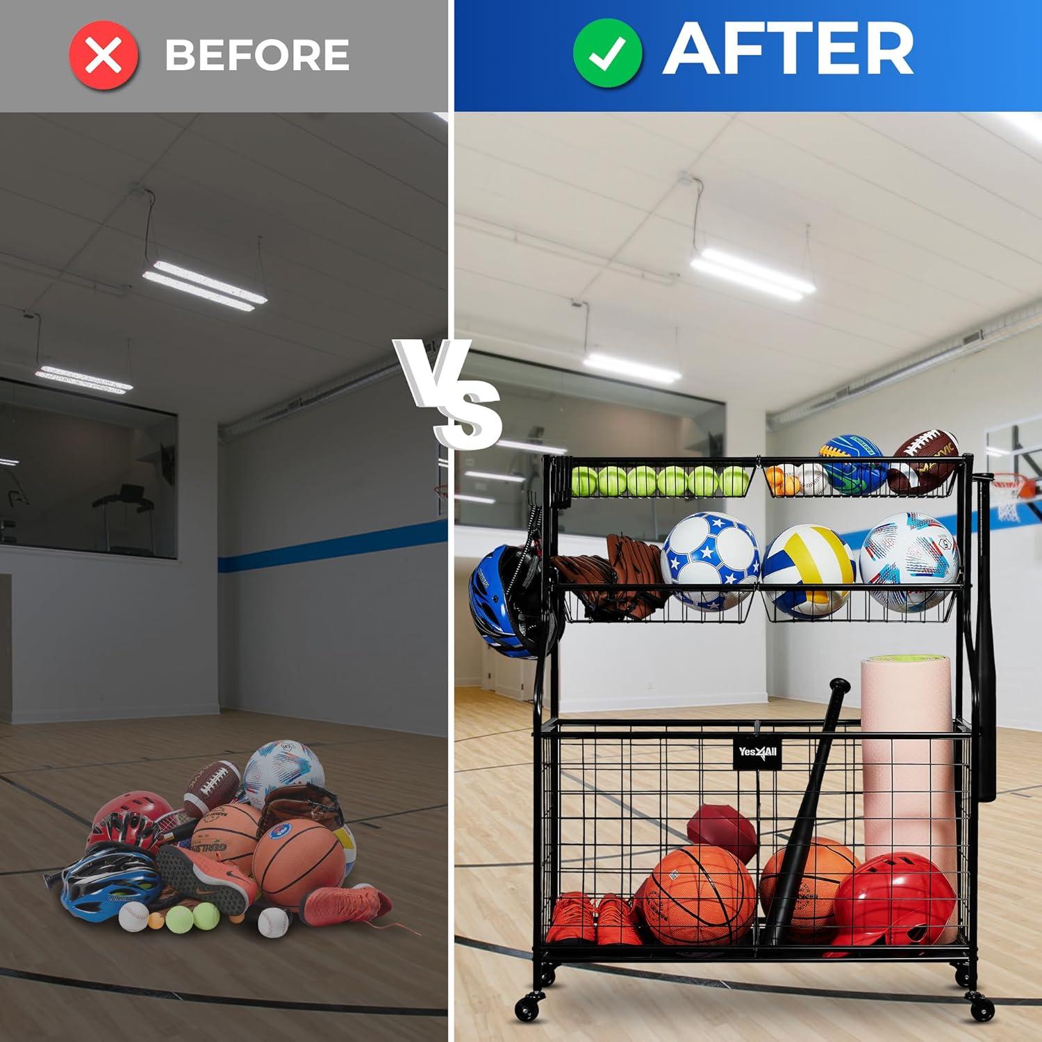 image:imageYES4ALL Sports Equipment Garage Organizer Garage Ball Storage Ball Cart Ball Rack Garage Organizer for Garage with Basket and Hooks Rolling Sports Ball Storage Cart for IndoorOutdoor Use Steel