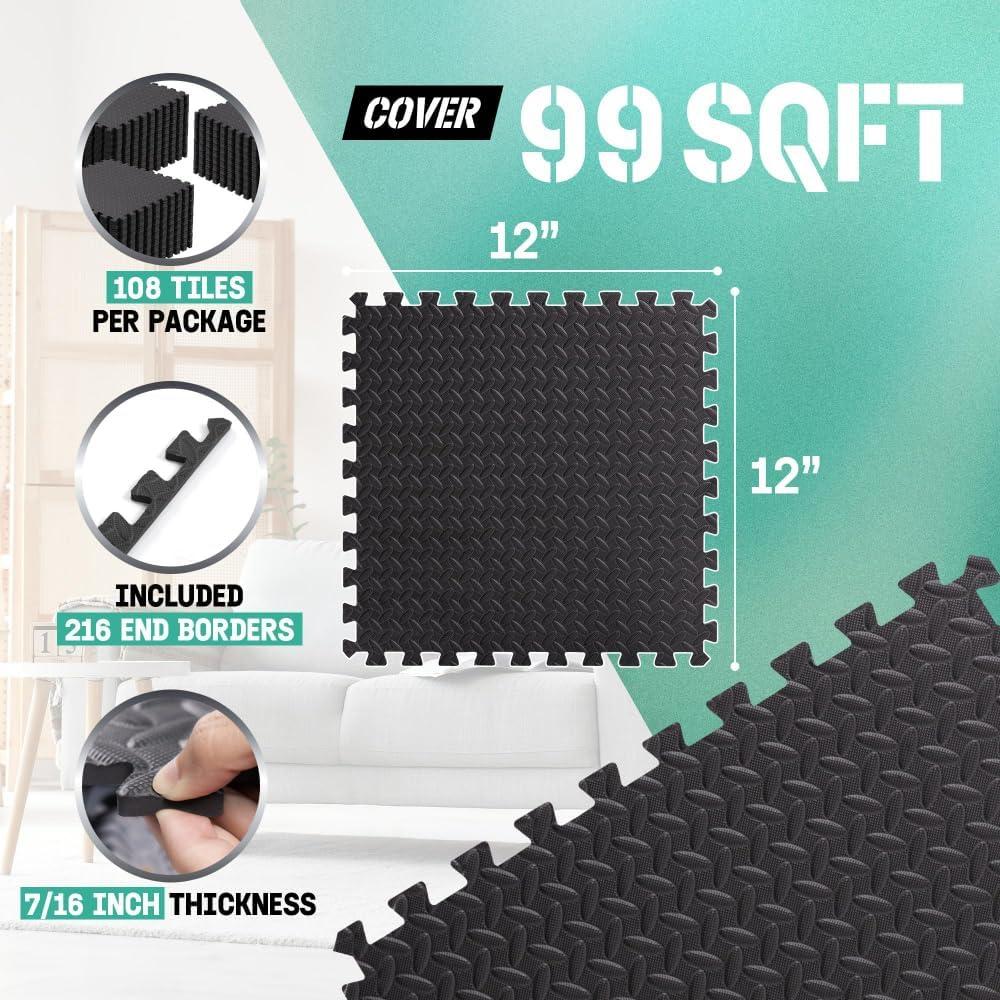 image:imageYes4All EVA Interlocking Mats Puzzle Floor Tiles Foam Floor Padding with Border for Furniture Home Space Living Room Garage 11153299 SQFTBlack