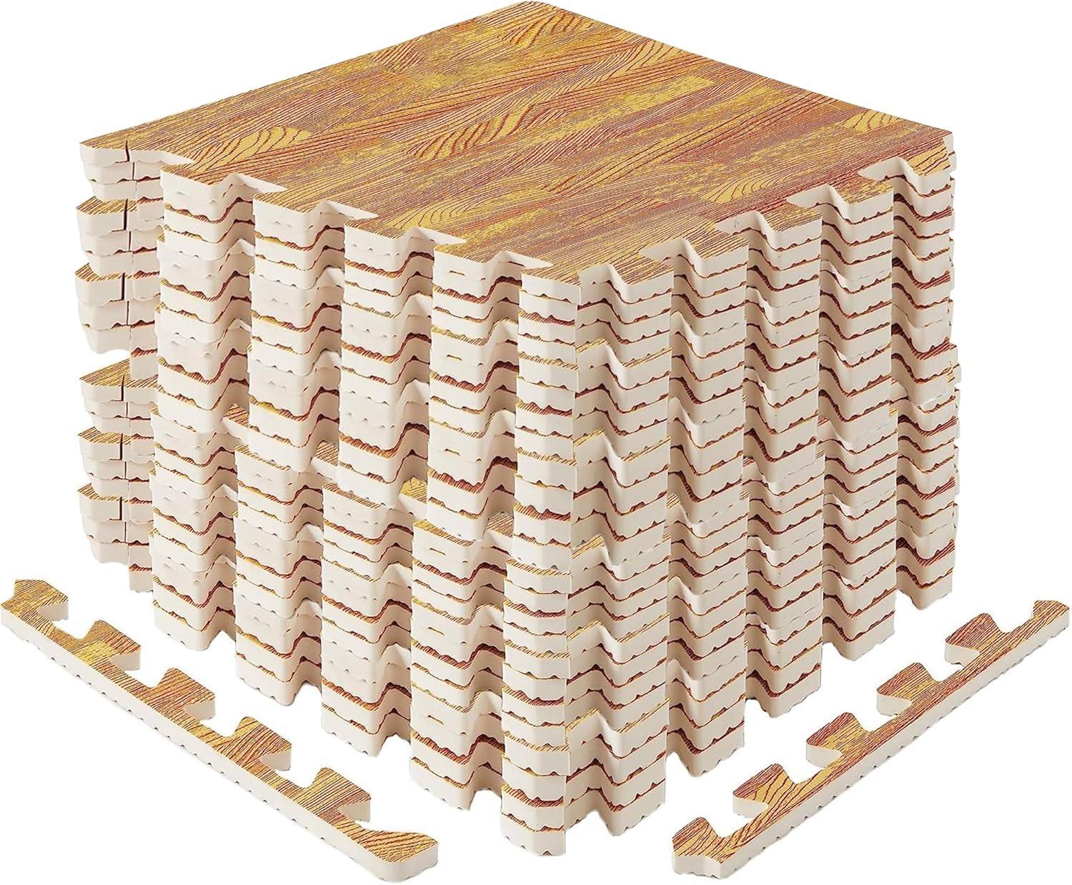 image:imageYes4All EVA Interlocking Mats Puzzle Floor Tiles Foam Floor Padding with Border for Furniture Home Space Living Room Garage 112232 SQFTA Oak Wood Light