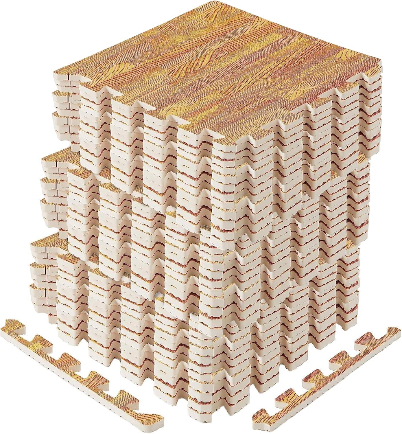 image:imageYes4All EVA Interlocking Mats Puzzle Floor Tiles Foam Floor Padding with Border for Furniture Home Space Living Room Garage 112232 SQFTA Oak Wood Light