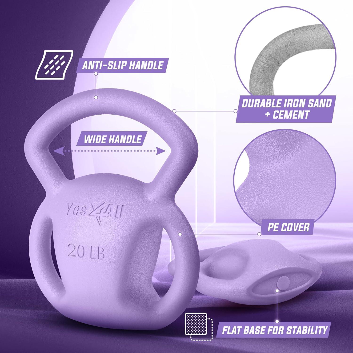 image:imageYes4All Kettlebell Strength Training Kettlebells for Women Wide Multigrip Textured Handle for Home Gym Exercises amp Full Body Workout Single 525 lb amp Set of 1015 lbD 20LB Purple