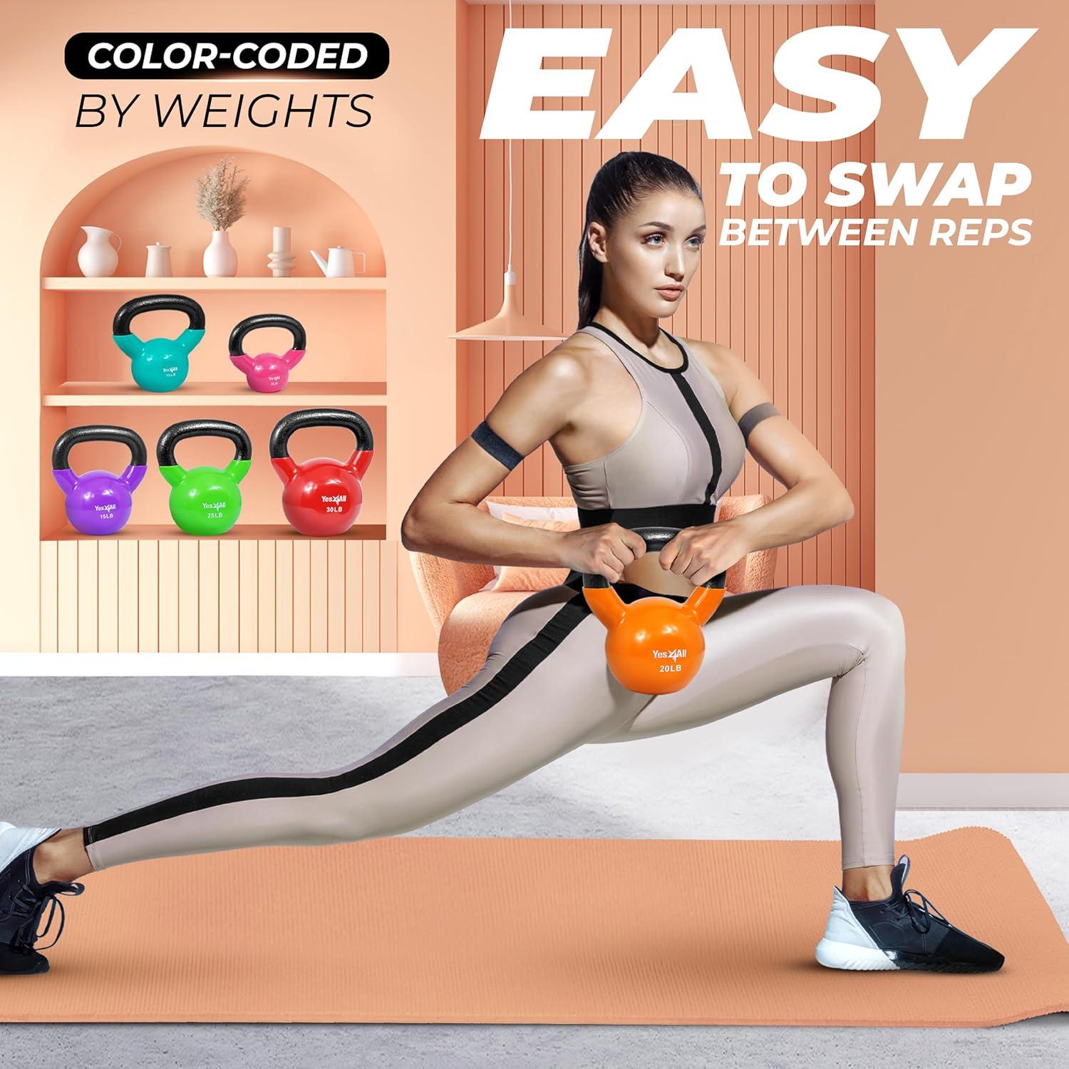 image:imageYes4All Kettlebell Vinyl Coated Kettlebell Cast Iron Sets with Stable Flat Bottom for Full Body Workout Push up Grip Strength Training amp Weights ExercisesMulticolor