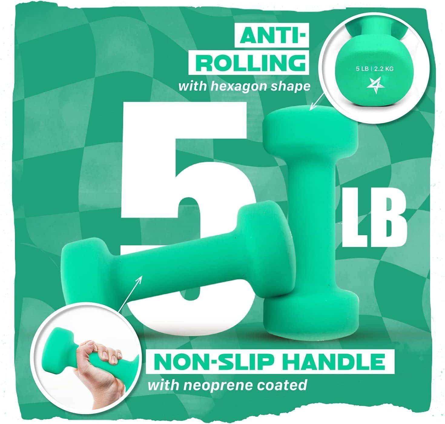 image:imageYes4All Neoprene Coated Dumbbell Hand Weight Sets of 2 Multiple Weight Options with 15 Colors Antiroll AntiSlip Hexagon ShapeD Dark Green 5lbs Pair