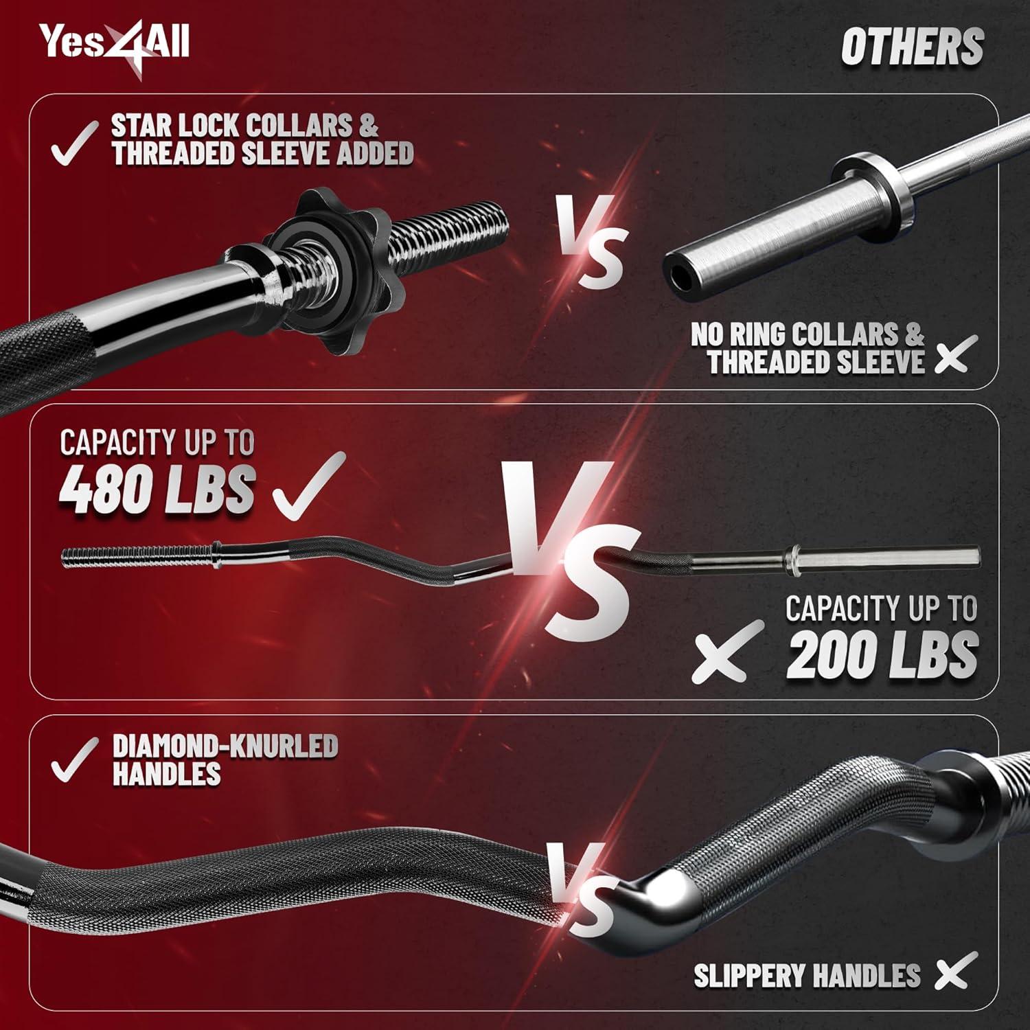 image:imageYes4All Standard Straight Barbell 60 amp EZ Curl Bar 47 Capacity 200 to 480 LB Weight Bar 1 to 2 Diameter Star Lock Collars Rubber Ring Barbell Spins Included for Deadlifts amp SquatsD 1 Curl Bar Black