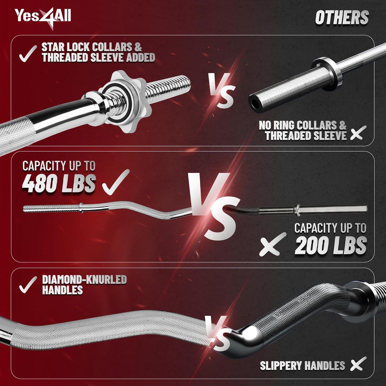 image:imageYes4All Standard Straight Barbell 60 amp EZ Curl Bar 47 Capacity 200 to 480 LB Weight Bar 1 to 2 Diameter Star Lock Collars Rubber Ring Barbell Spins Included for Deadlifts amp SquatsC 1 Curl Bar Chrome