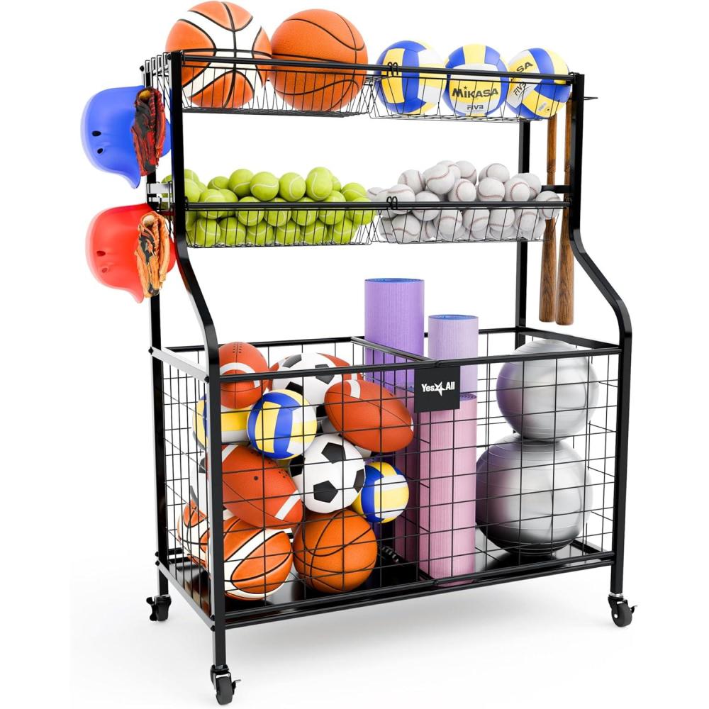 image:imageYES4ALL Sports Equipment Garage Organizer Garage Ball Storage Ball Cart Ball Rack Garage Organizer for Garage with Basket and Hooks Rolling Sports Ball Storage Cart for IndoorOutdoor Use Steel