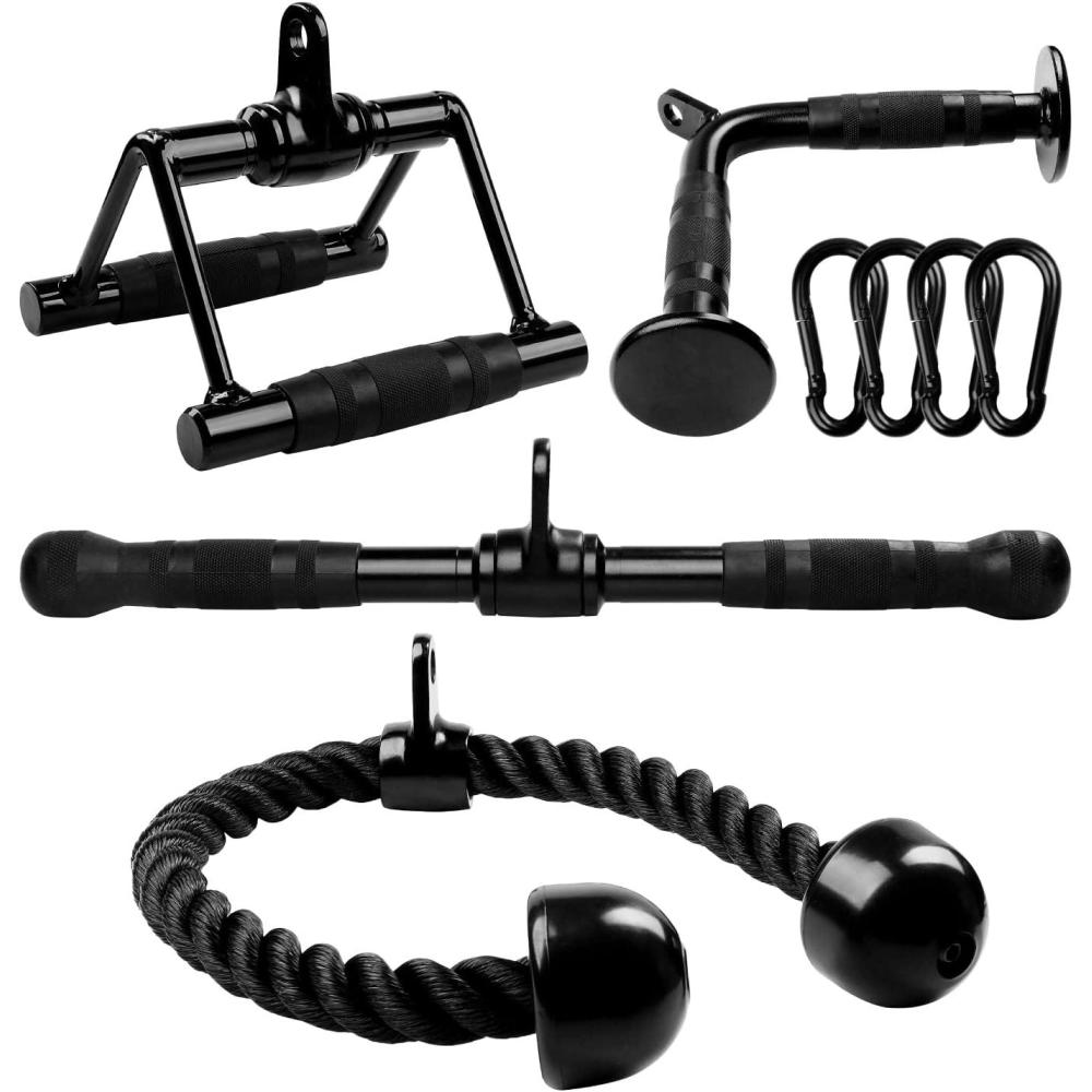 image:imageYes4All Cable Machine Attachment Row Handles Tricep Rope Straight Bar V Bar LAT Pulldown Accessories Load 880 LB for Home GymG Black Tricep Rope Double D Straight Bar V Bar