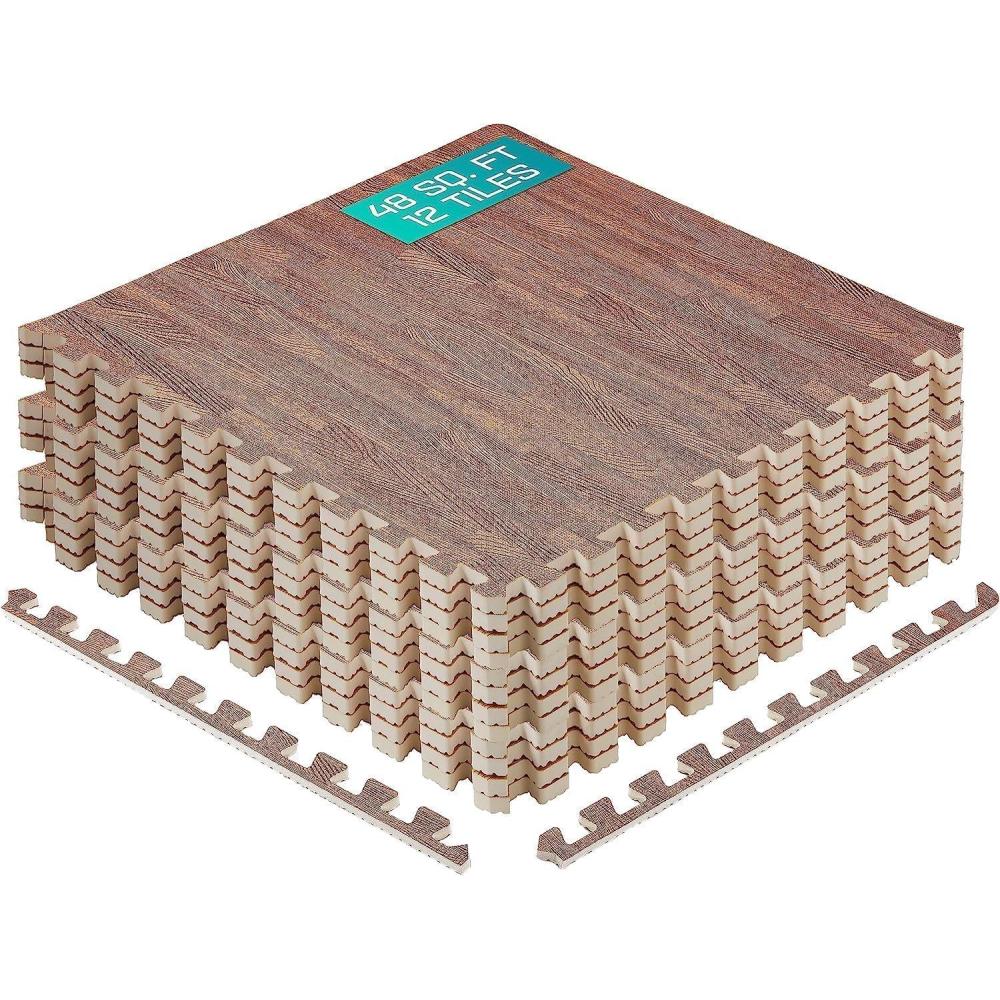image:imageYes4All EVA Interlocking Mats Puzzle Floor Tiles Foam Floor Padding with Border for Furniture Home Space Living Room GarageG 48 Square Feet 12 Tiles  Dark Oak Wood