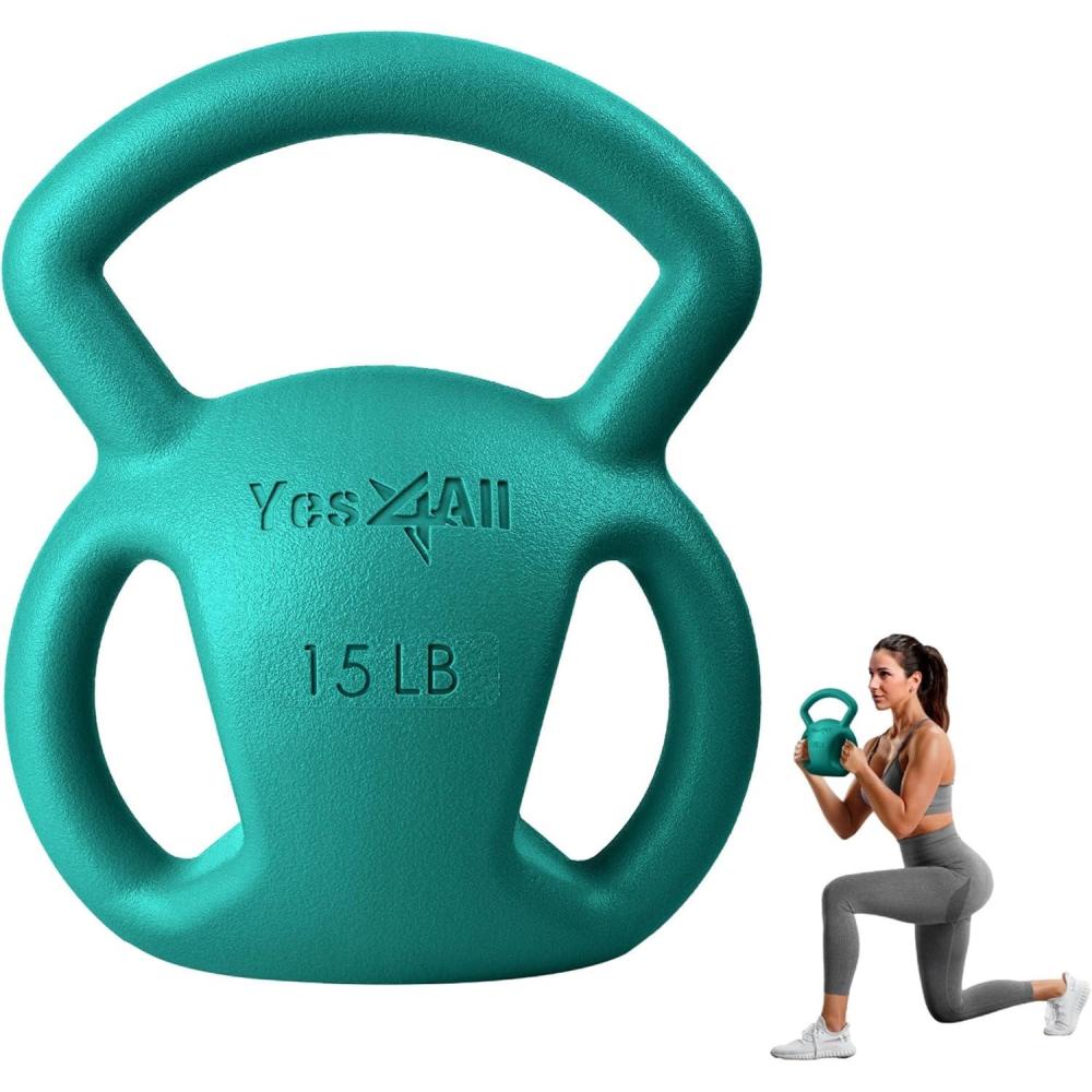 image:imageYes4All Kettlebell Strength Training Kettlebells for Women Wide Multigrip Textured Handle for Home Gym Exercises amp Full Body Workout Single 525 lb amp Set of 1015 lbC 15LB  Green