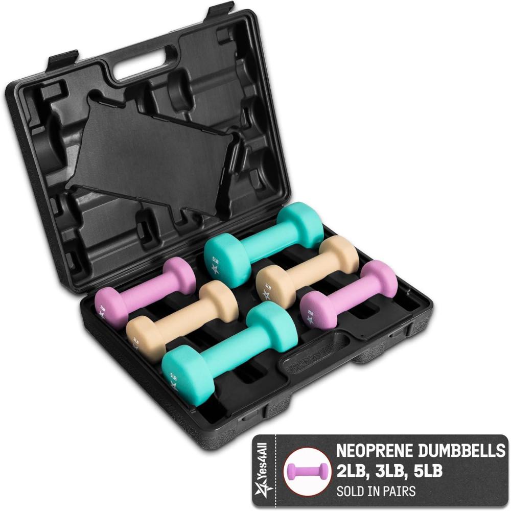 image:imageYes4All Neoprene Coated Dumbbell Hand Weight Sets  Multiple Weight Options with Rack Antiroll AntiSlip Hexagon ShapeE SET WITH CASE 235lb pair