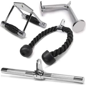 Yes4All Cable Machine Attachment, Row Handles, Tricep Rope, Straight Bar, V Bar, LAT Pulldown Accessories Load 880 LB for Home Gym(E. Tricep Rope + Double D + Straight Bar + V Bar)
