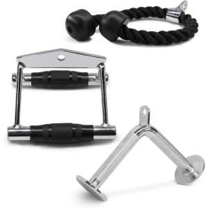 Yes4All Cable Machine Attachment, Row Handles, Tricep Rope, Straight Bar, V Bar, LAT Pulldown Accessories Load 880 LB for Home Gym(H. Double D Handle + TricepRope + Vshaped bar)