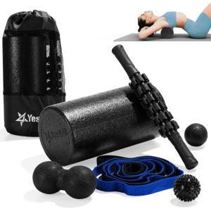 Yes4All High-Density EPP Round Back Roller Foam, Exercise Foam Roller for Yoga, Pilates & Stretching – 12, 18, 24, 36 inch(Black – Set 7in1)
