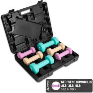 Yes4All Neoprene Coated Dumbbell Hand Weight Sets – Multiple Weight Options with Rack, Anti-roll, Anti-Slip, Hexagon Shape(E. SET WITH CASE 2-3-5lb pair)