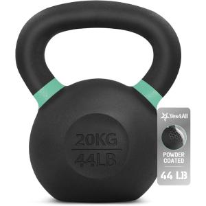 Yes4All Powder Coated Kettlebell, Cast Iron Core Kettlebells with Non-Slip Handle & Flat Bottom for Conditioning, Heavy Duty for Strength Training, 9lb to 71lb – Single & Pair(Green)