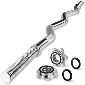 Yes4All Standard Straight Barbell 60″ & EZ Curl Bar 47″, Capacity 200 to 480 LB, Weight Bar 1″ to 2″ Diameter – Star Lock Collars, Rubber Ring, Barbell Spins Included for Deadlifts & Squats(C. 1″ Curl Bar – Chrome)