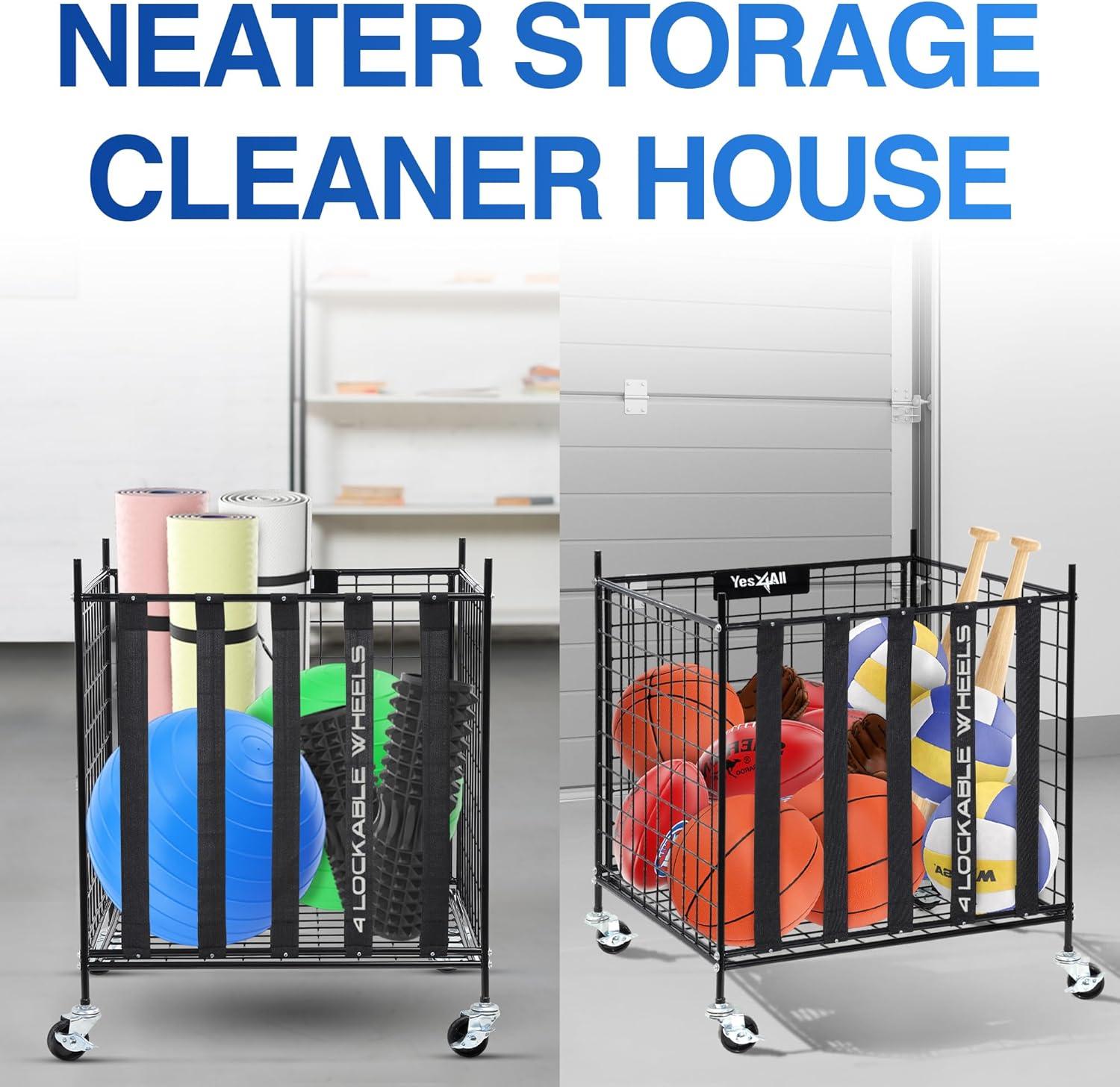 image:imageYES4ALL Rolling Ball Cart Storage with Lockable Wheels Volleyball Basketball Holder Toy Balls Bin Garage Cage Storage Racks Sports Equipment Organizer Ball Rack for Outdoor Indoor UseBall Storage