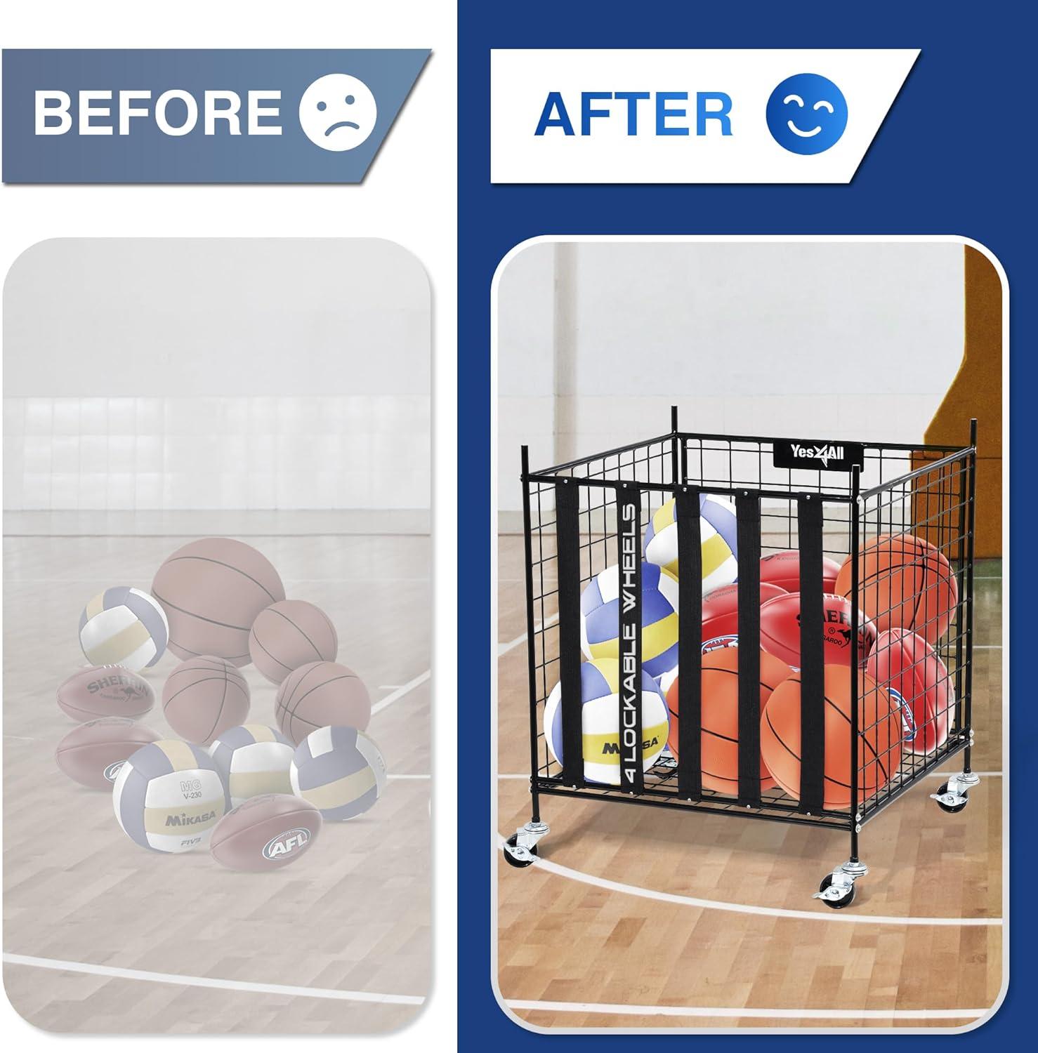 image:imageYES4ALL Rolling Ball Cart Storage with Lockable Wheels Volleyball Basketball Holder Toy Balls Bin Garage Cage Storage Racks Sports Equipment Organizer Ball Rack for Outdoor Indoor UseBall Storage