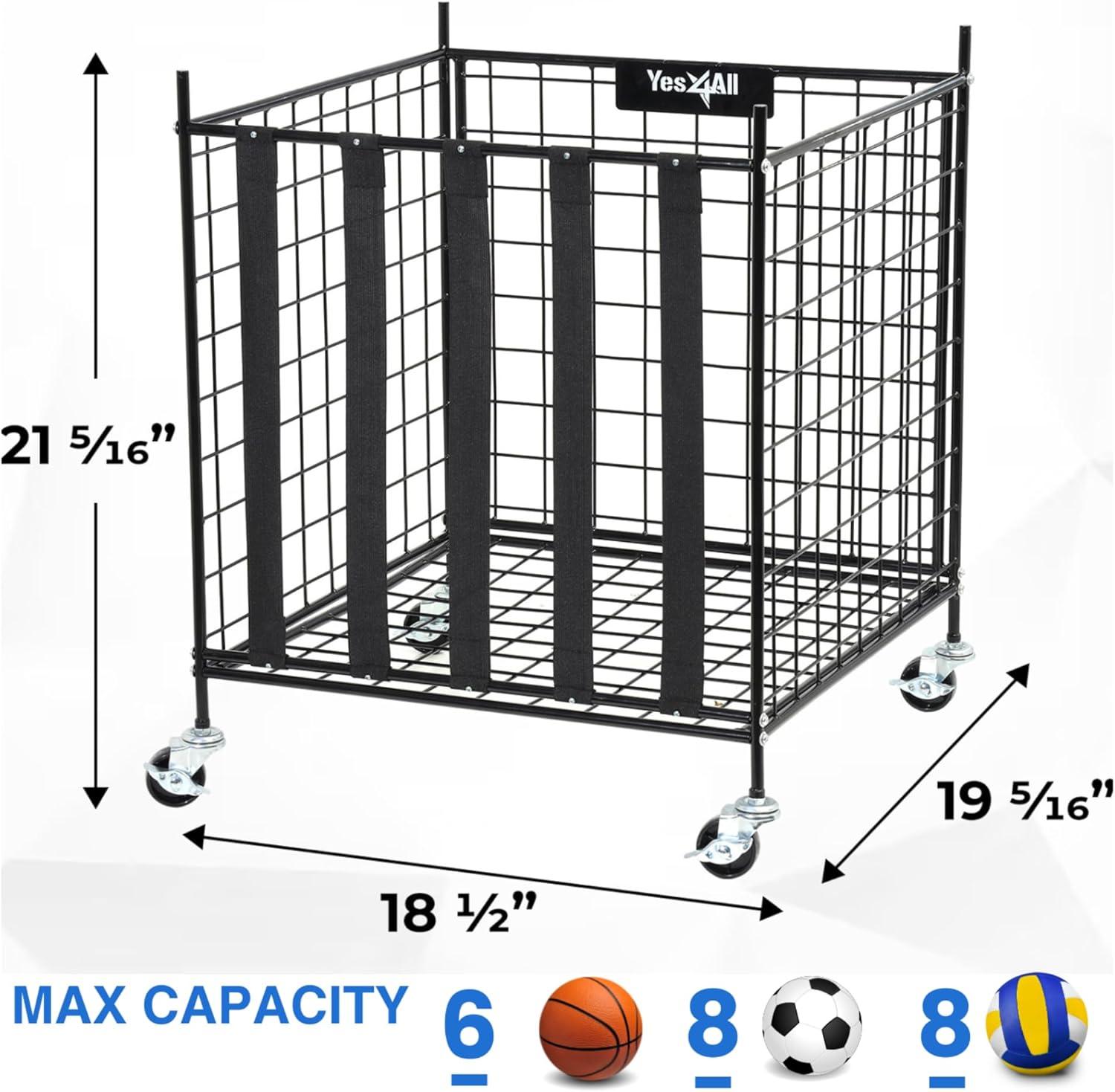 image:imageYES4ALL Rolling Ball Cart Storage with Lockable Wheels Volleyball Basketball Holder Toy Balls Bin Garage Cage Storage Racks Sports Equipment Organizer Ball Rack for Outdoor Indoor UseBall Storage