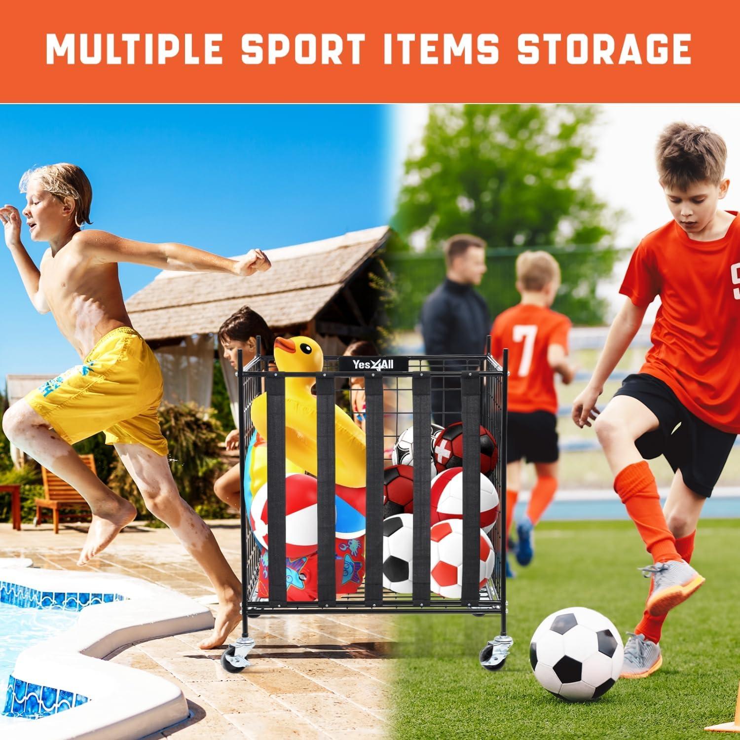 image:imageYES4ALL Rolling Ball Cart Volleyball Basketball Holder Toy Balls Bin for Garage Cage Storage Racks with Lockable Wheels Sports Equipment Organizer Ball Rack for Outdoor Indoor Use