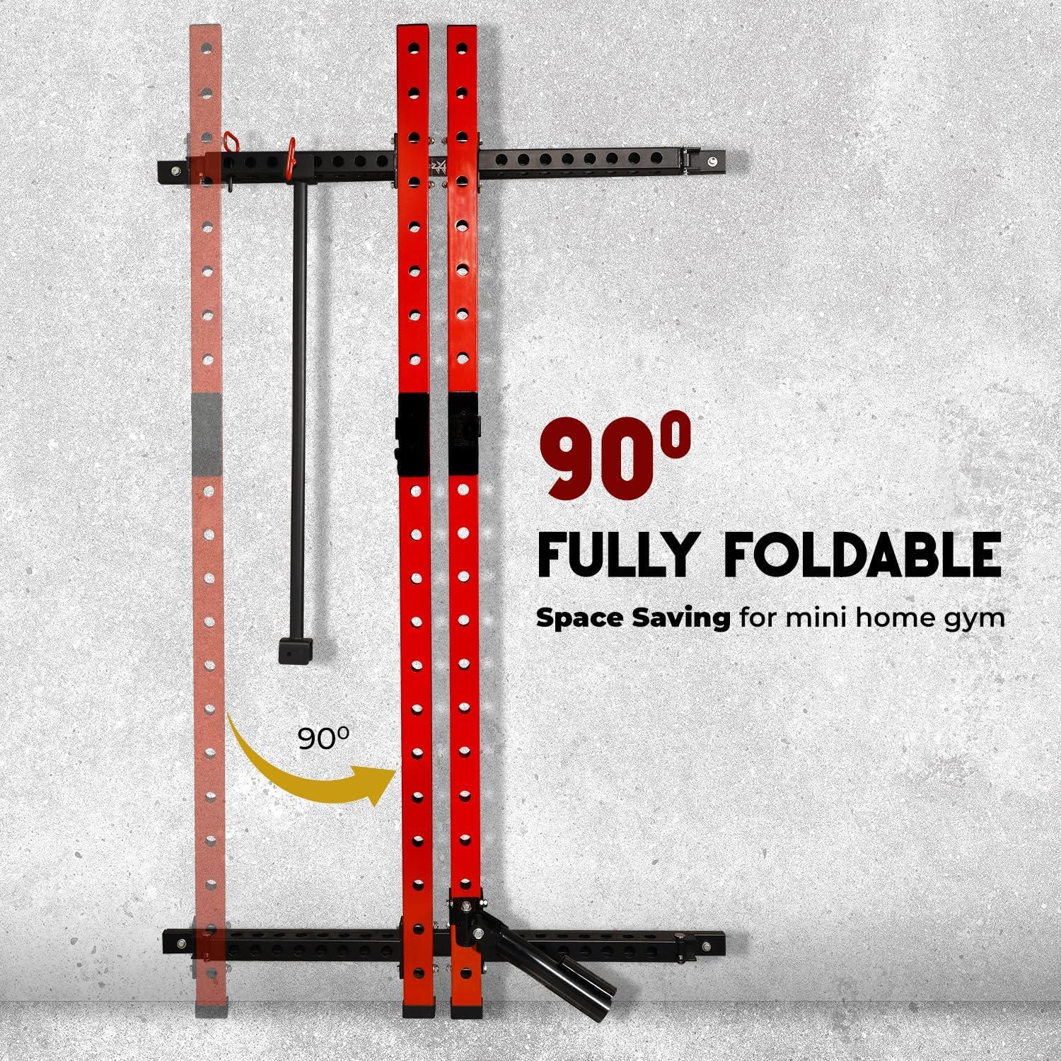 image:imageYes4All 2 x 2 Tube with 1 Hole Space Saving Folding Wall Mounted Squat Rack for Home Gym 1000lbs Capacity Steel Power Cage with Adjustable PullUp Bar 360 Degree Landmine amp Strong Steel JHooks