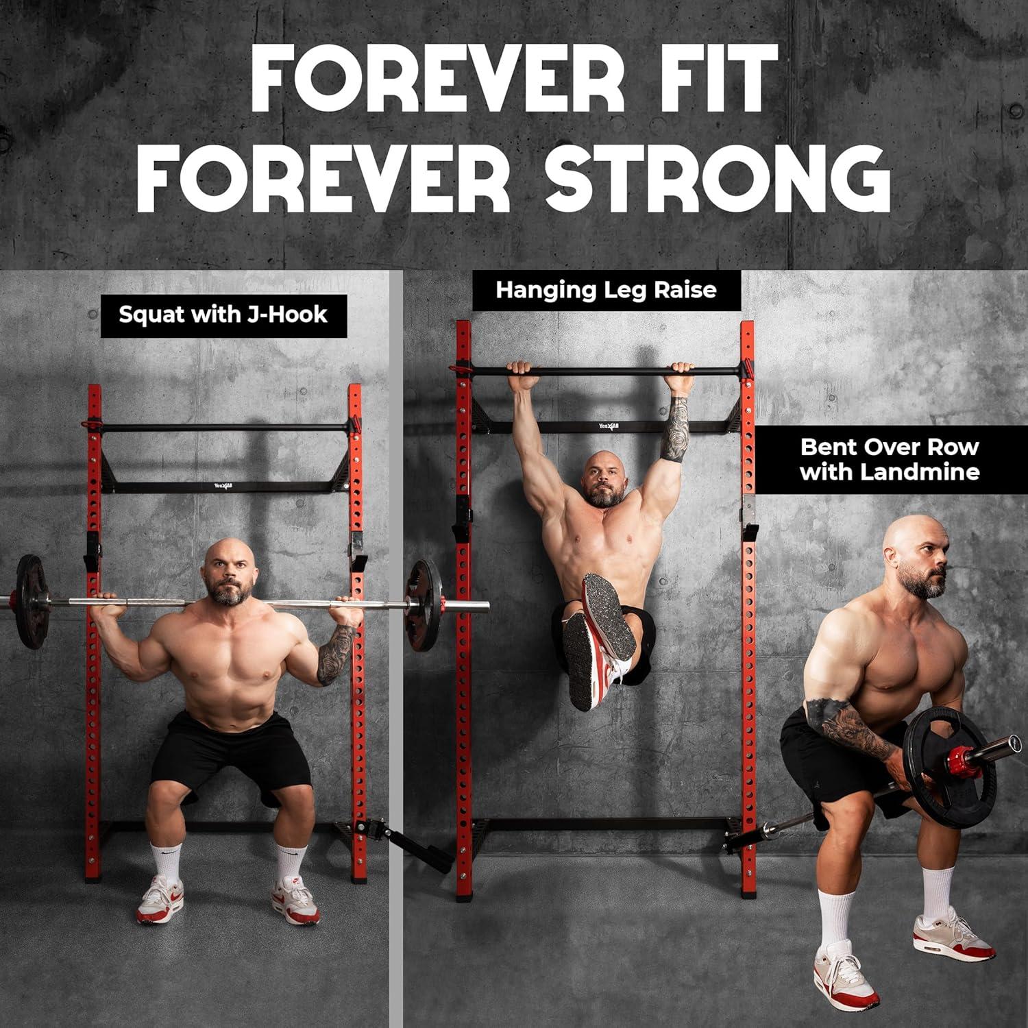 image:imageYes4All 2 x 2 Tube with 1 Hole Space Saving Folding Wall Mounted Squat Rack for Home Gym 1000lbs Capacity Steel Power Cage with Adjustable PullUp Bar 360 Degree Landmine amp Strong Steel JHooks