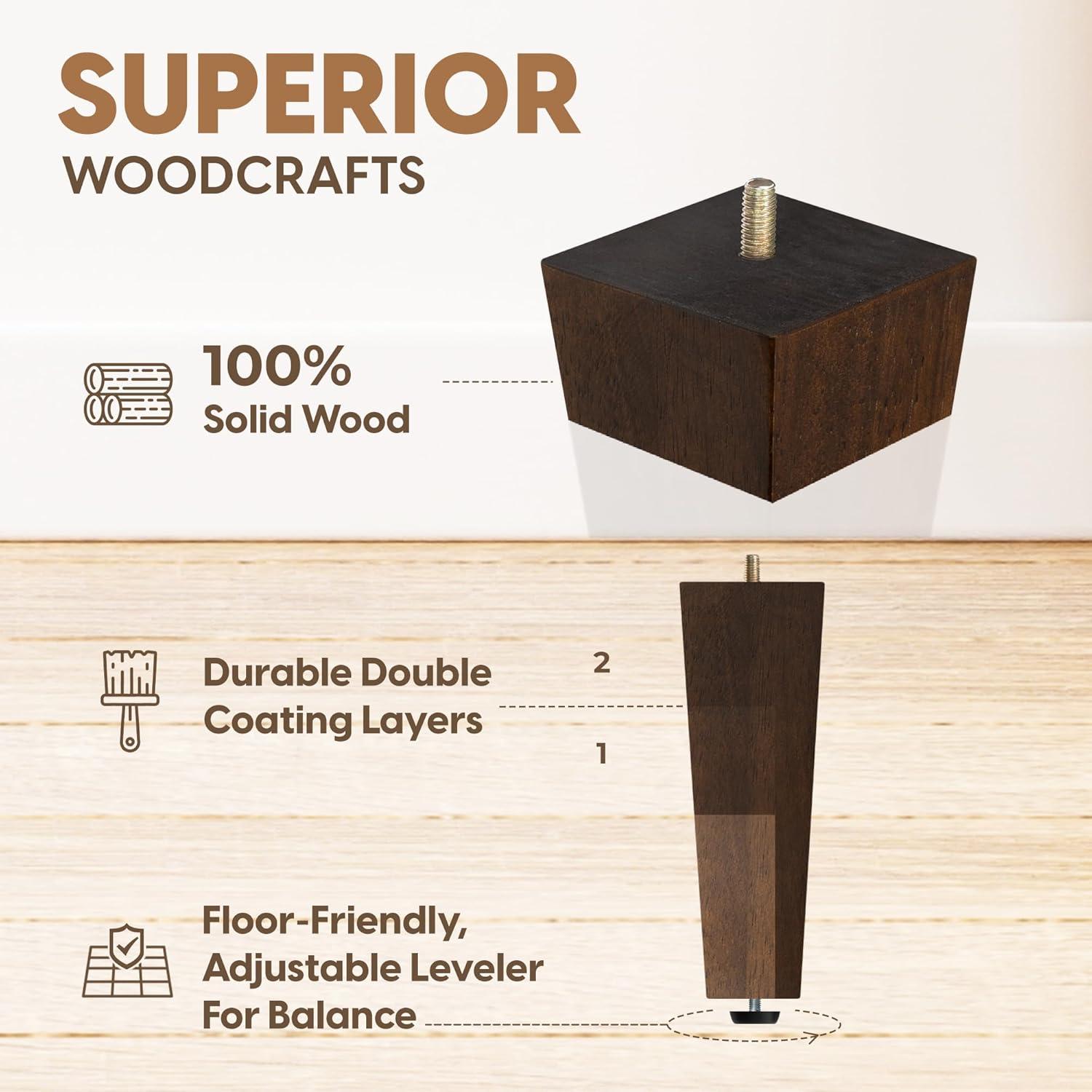 image:imageYes4All 3 Inches Square Wood Furniture Legs Set of 4 Wooden Replacement Feet for Couch Adjustable Sofa Ottomans Tapered Leg with Leveler Brown Solid Wood Parts for Table ChairSquare Brown