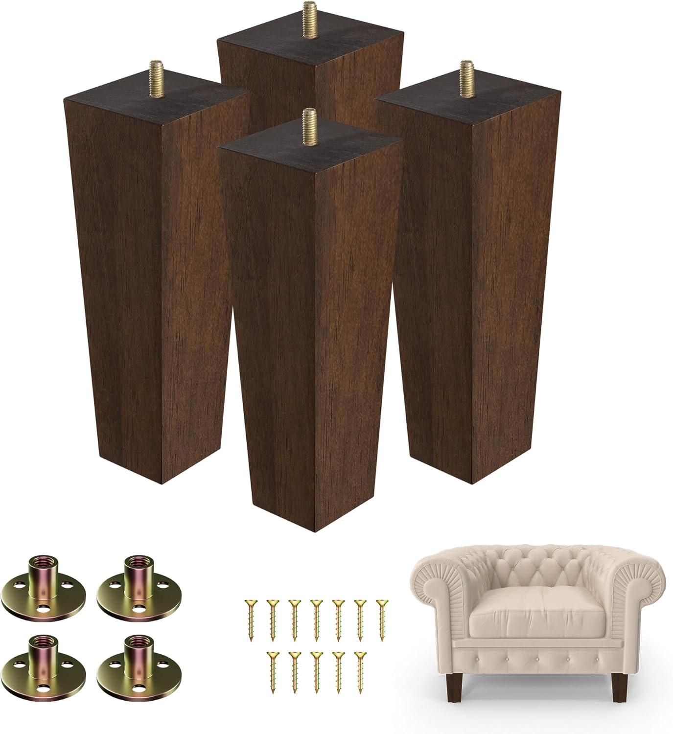 image:imageYes4All 3 Inches Square Wood Furniture Legs Set of 4 Wooden Replacement Feet for Couch Adjustable Sofa Ottomans Tapered Leg with Leveler Brown Solid Wood Parts for Table ChairSquare Brown