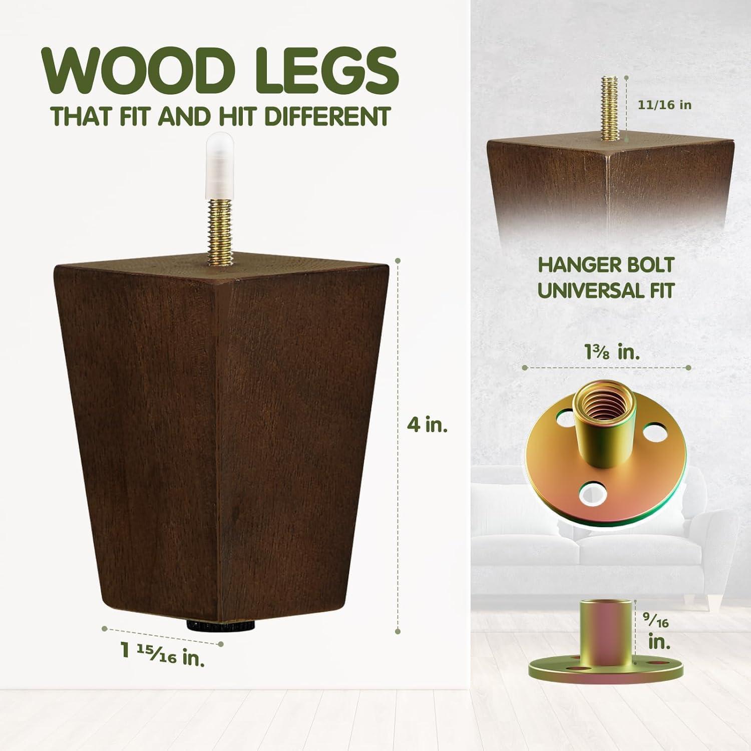 image:imageYes4All 3 Inches Square Wood Furniture Legs Set of 4 Wooden Replacement Feet for Couch Adjustable Sofa Ottomans Tapered Leg with Leveler Brown Solid Wood Parts for Table ChairSquare Brown