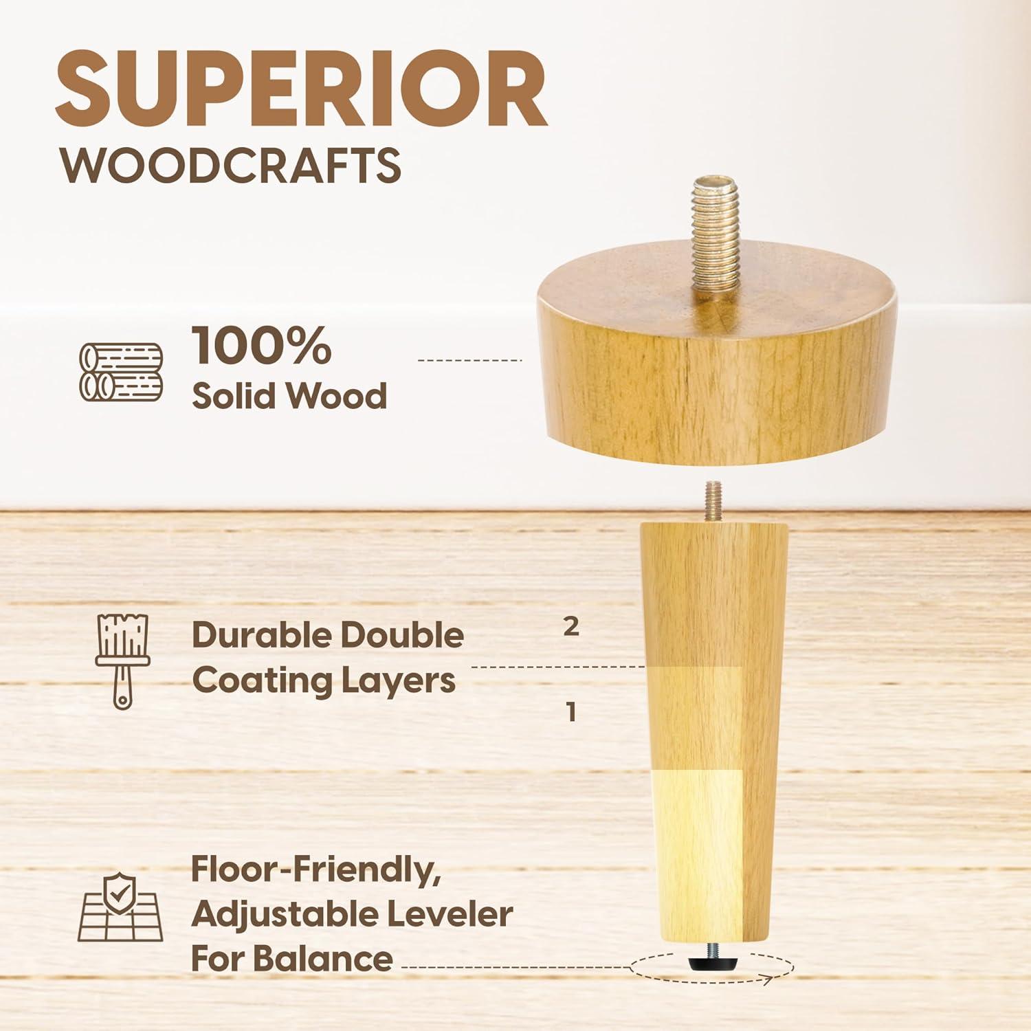 image:imageYes4All 3 Inches Square Wood Furniture Legs Set of 4 Wooden Replacement Feet for Couch Adjustable Sofa Ottomans Tapered Leg with Leveler Brown Solid Wood Parts for Table ChairRound Natural