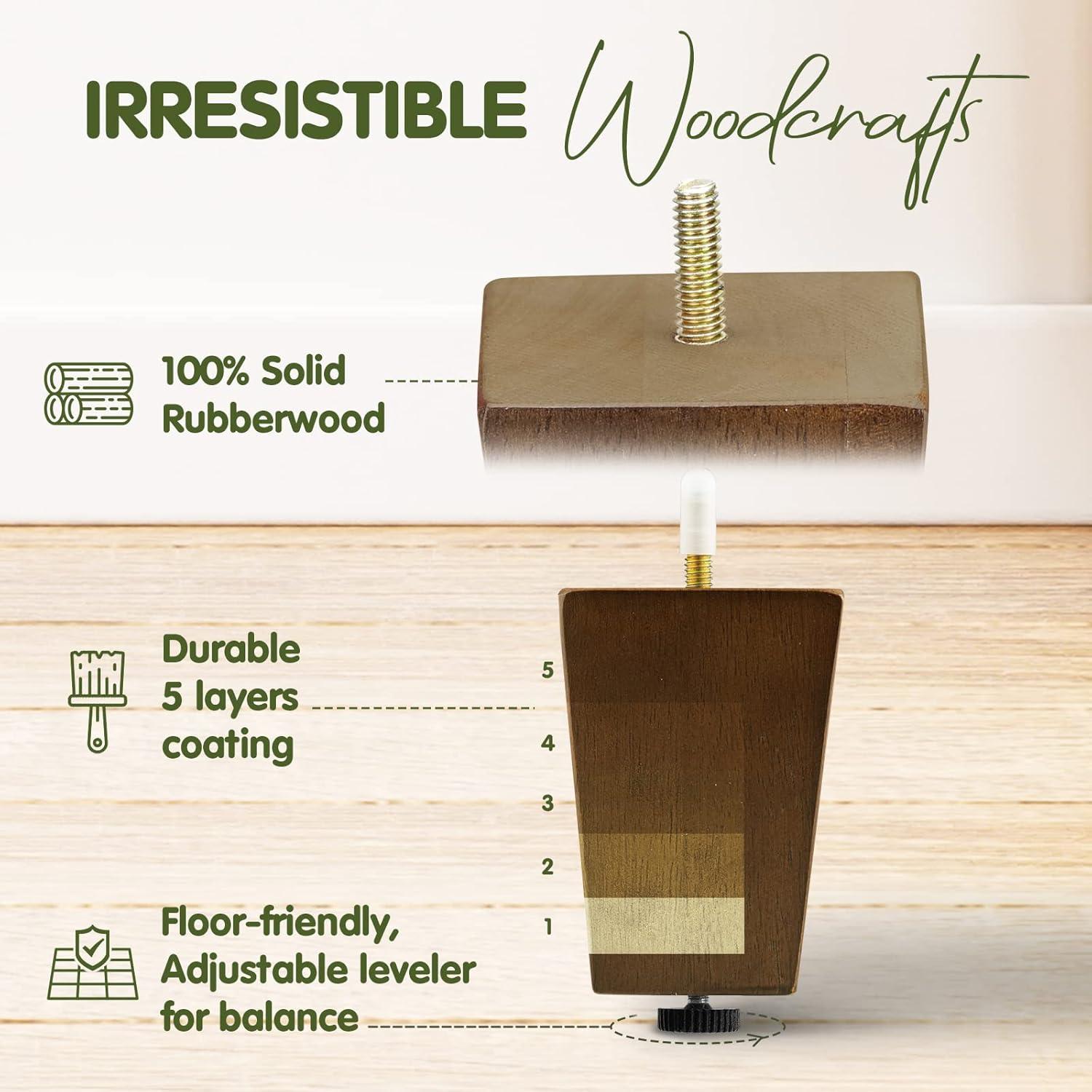 image:imageYes4All 3 Inches Square Wood Furniture Legs Set of 4 Wooden Replacement Feet for Couch Adjustable Sofa Ottomans Tapered Leg with Leveler Brown Solid Wood Parts for Table ChairSquare Brown