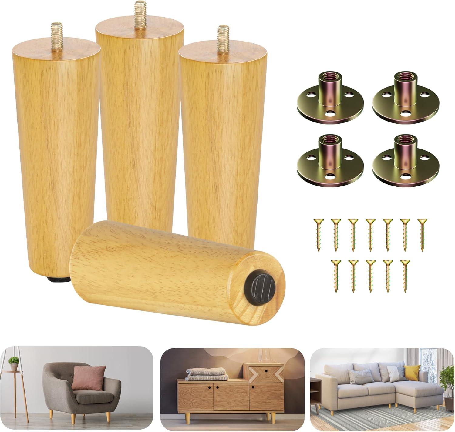 image:imageYes4All 3 Inches Square Wood Furniture Legs Set of 4 Wooden Replacement Feet for Couch Adjustable Sofa Ottomans Tapered Leg with Leveler Brown Solid Wood Parts for Table ChairRound Natural