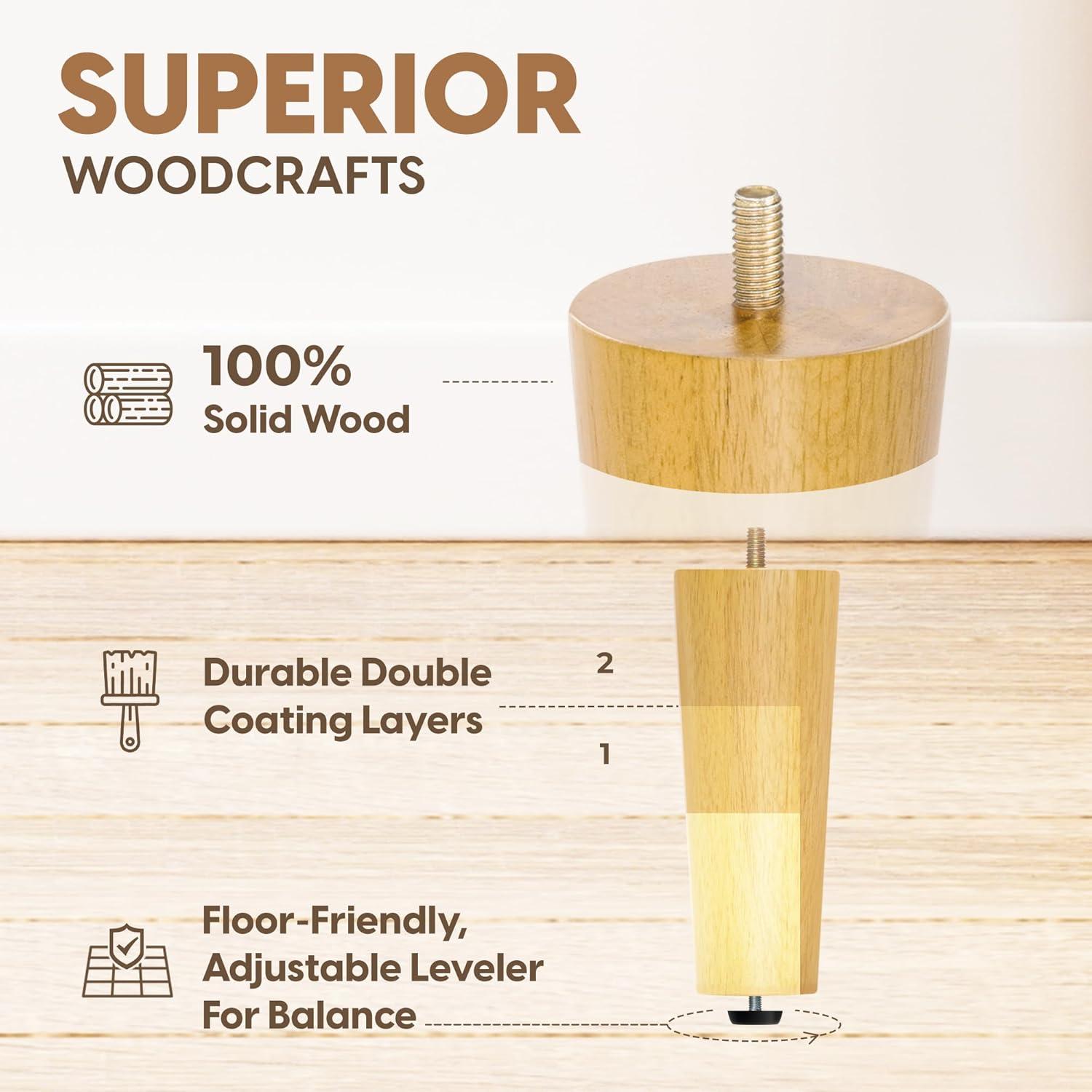 image:imageYes4All 3 Inches Square Wood Furniture Legs Set of 4 Wooden Replacement Feet for Couch Adjustable Sofa Ottomans Tapered Leg with Leveler Brown Solid Wood Parts for Table ChairRound Natural