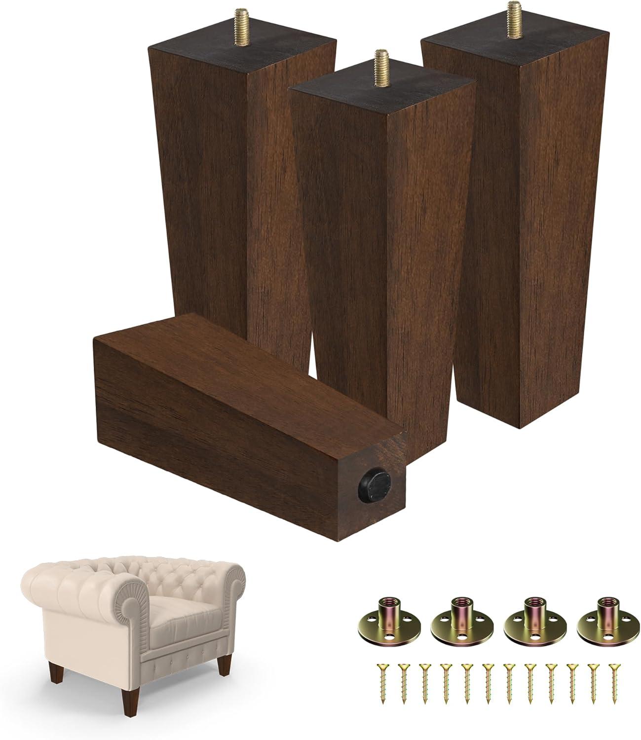 image:imageYes4All 3 Inches Square Wood Furniture Legs Set of 4 Wooden Replacement Feet for Couch Adjustable Sofa Ottomans Tapered Leg with Leveler Brown Solid Wood Parts for Table ChairSquare Brown