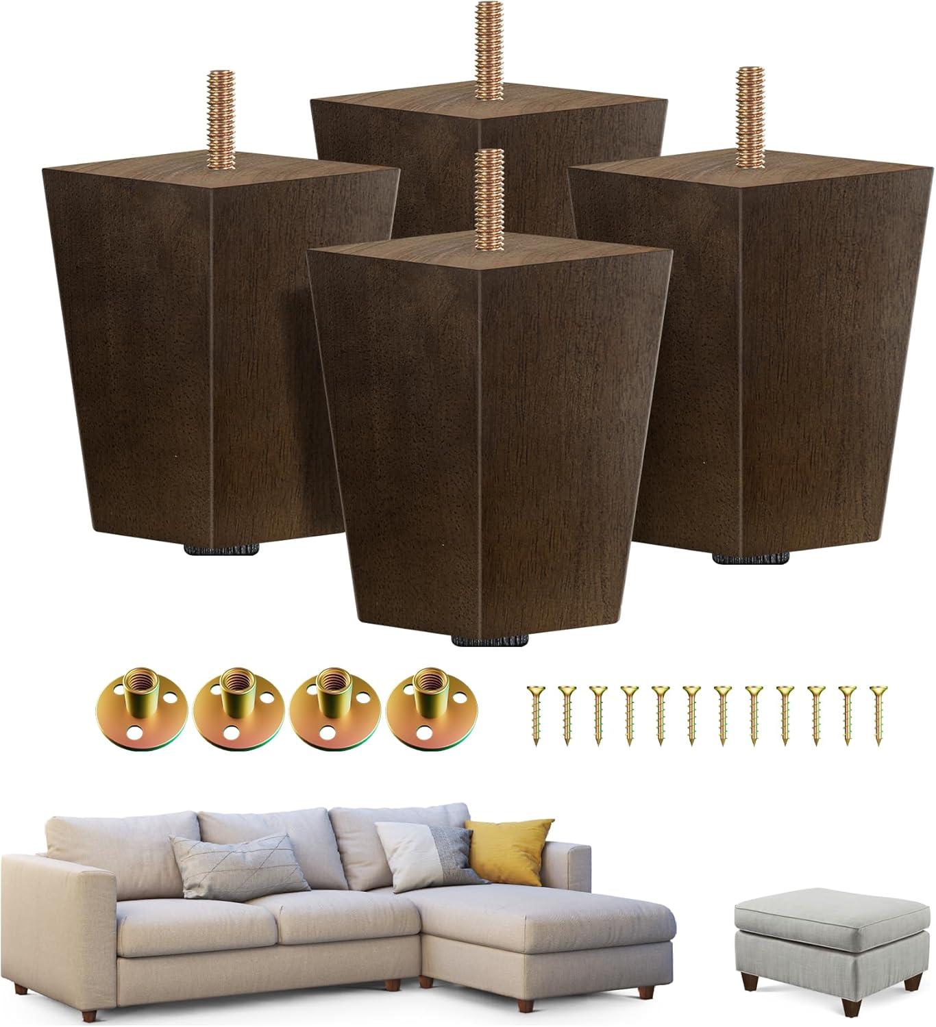 image:imageYes4All 3 Inches Square Wood Furniture Legs Set of 4 Wooden Replacement Feet for Couch Adjustable Sofa Ottomans Tapered Leg with Leveler Brown Solid Wood Parts for Table ChairSquare Brown