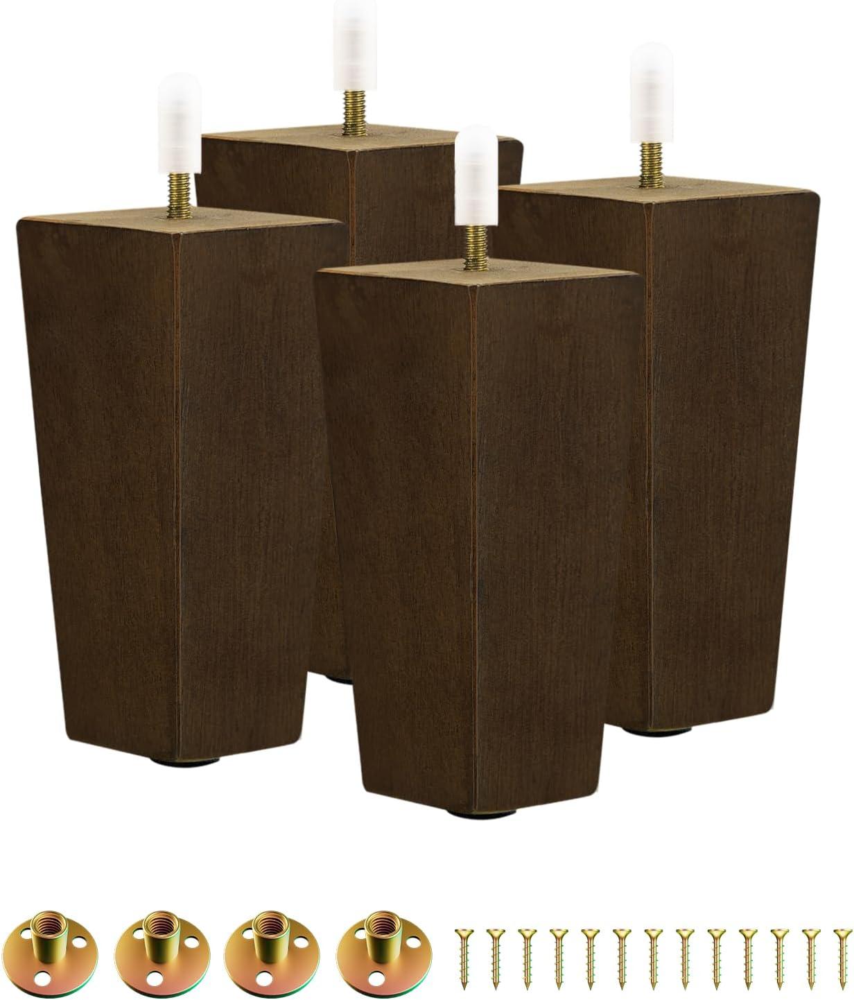 image:imageYes4All 3 Inches Square Wood Furniture Legs Set of 4 Wooden Replacement Feet for Couch Adjustable Sofa Ottomans Tapered Leg with Leveler Brown Solid Wood Parts for Table ChairSquare Brown