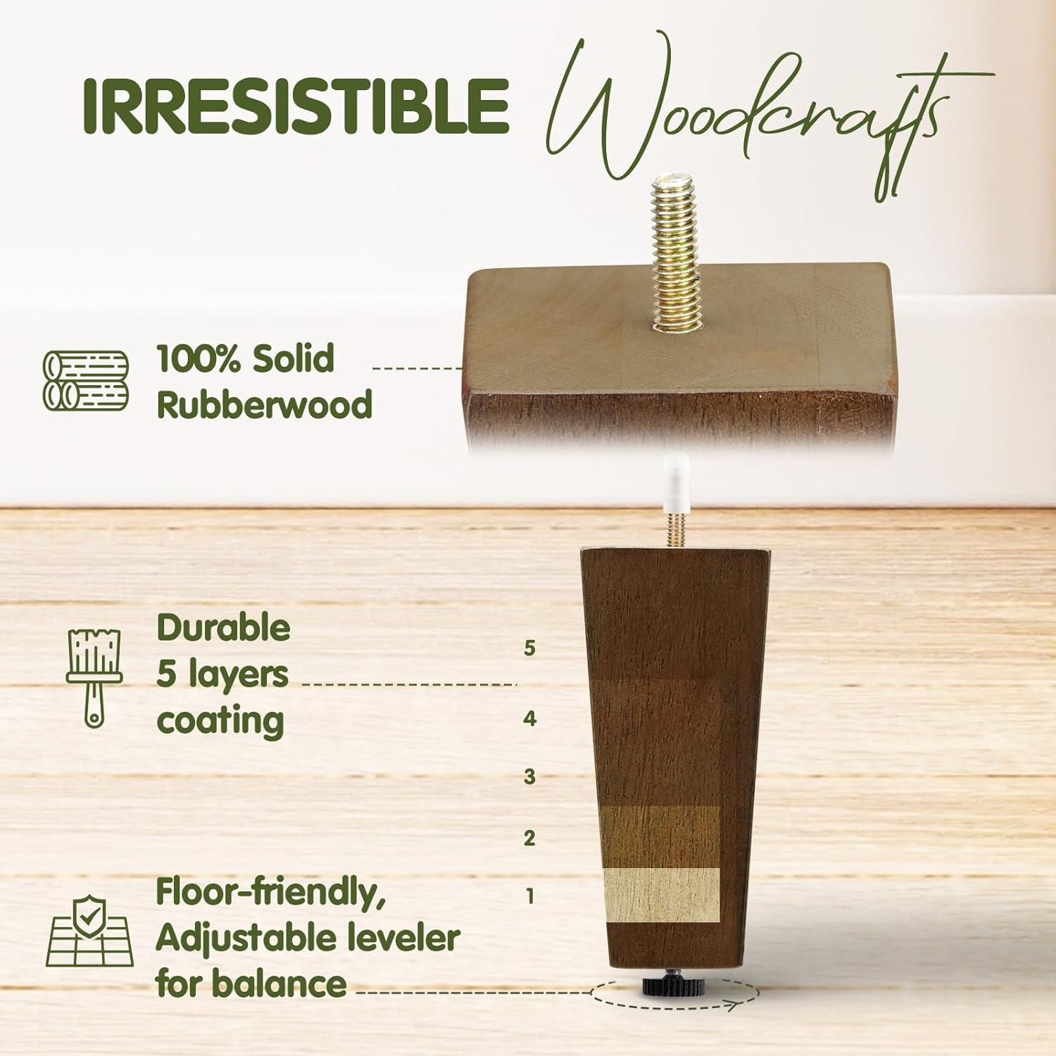 image:imageYes4All 3 Inches Square Wood Furniture Legs Set of 4 Wooden Replacement Feet for Couch Adjustable Sofa Ottomans Tapered Leg with Leveler Brown Solid Wood Parts for Table ChairSquare Brown