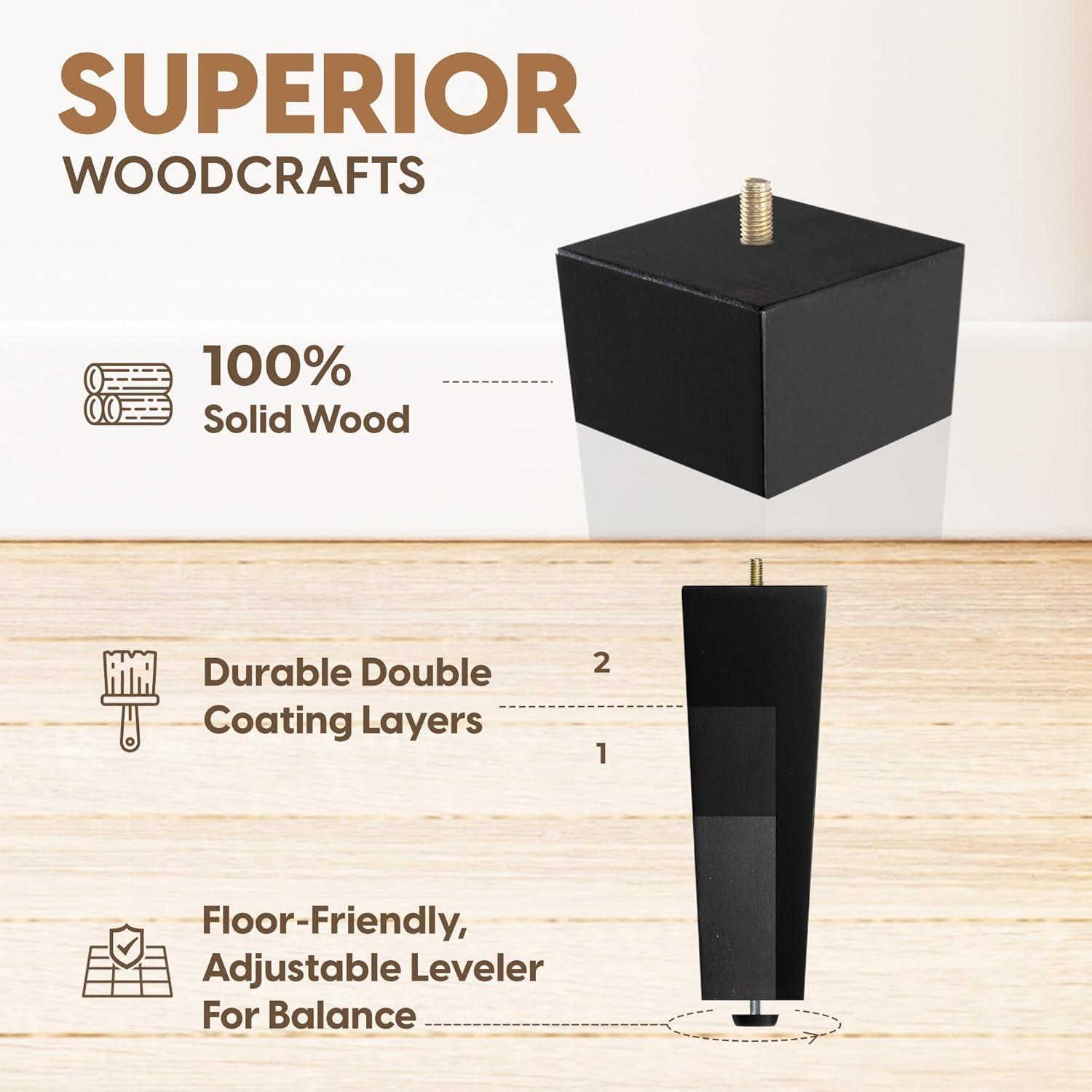image:imageYes4All 3 Inches Square Wood Furniture Legs Set of 4 Wooden Replacement Feet for Couch Adjustable Sofa Ottomans Tapered Leg with Leveler Brown Solid Wood Parts for Table ChairSquare Black