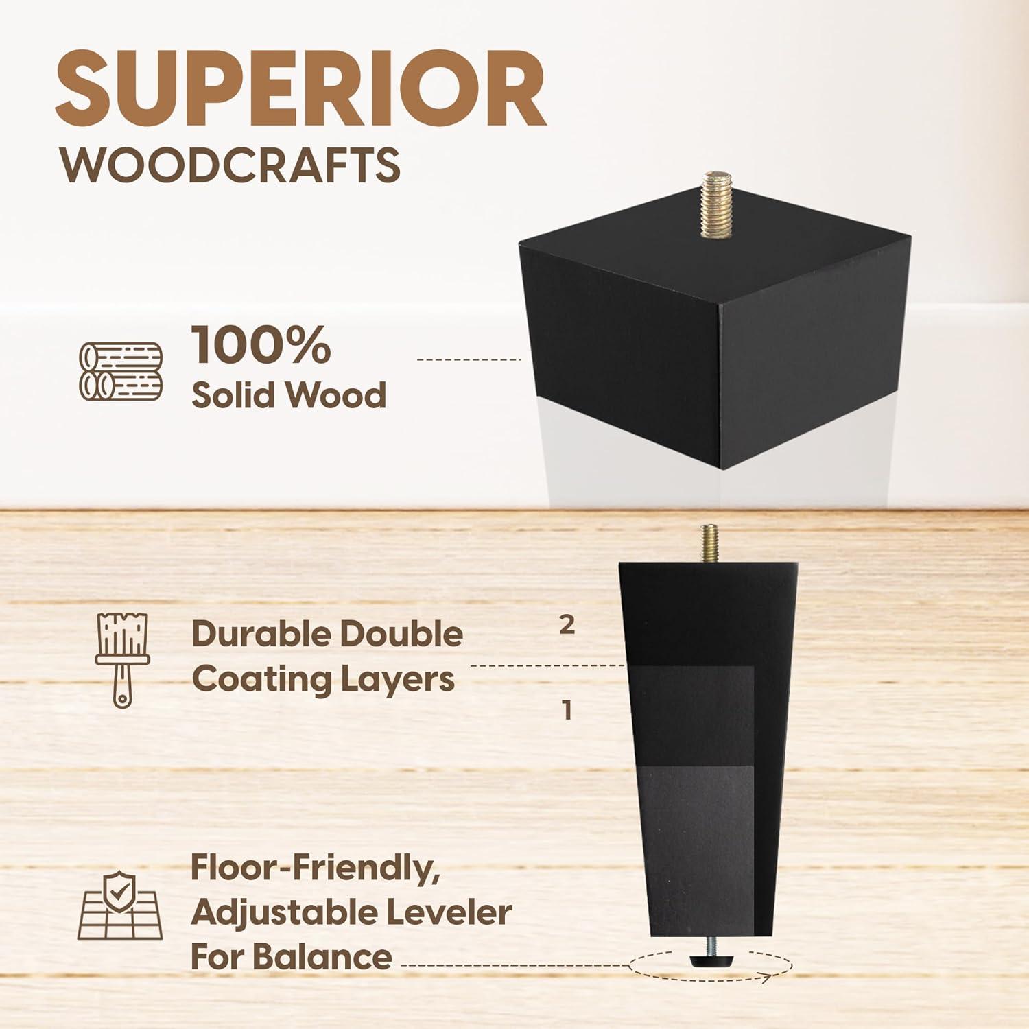 image:imageYes4All 3 Inches Square Wood Furniture Legs Set of 4 Wooden Replacement Feet for Couch Adjustable Sofa Ottomans Tapered Leg with Leveler Brown Solid Wood Parts for Table ChairSquare Black
