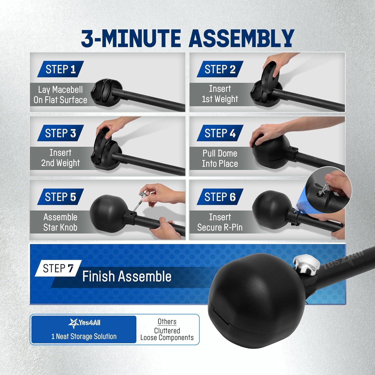 image:imageYes4All Adjustable Macebell 3in1 Steel Mace Weight Club 101520 LB Workout Mace for Strength Training with Diamond Knurling Handle amp SpaceSaving Design