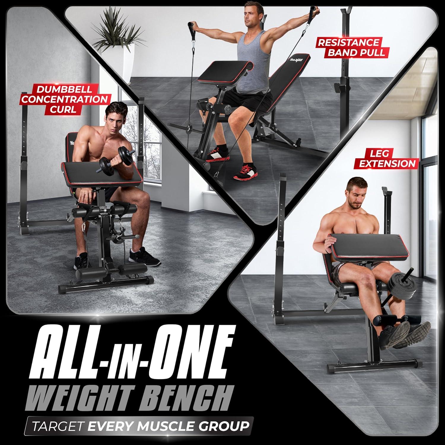 image:imageYes4All Adjustable Weight Bench with Rack 800lbs Workout Bench Press with Leg Extension Preacher Curl Pad amp Resistance Bands for Home GymA Adjustable Weight Bench with Rack