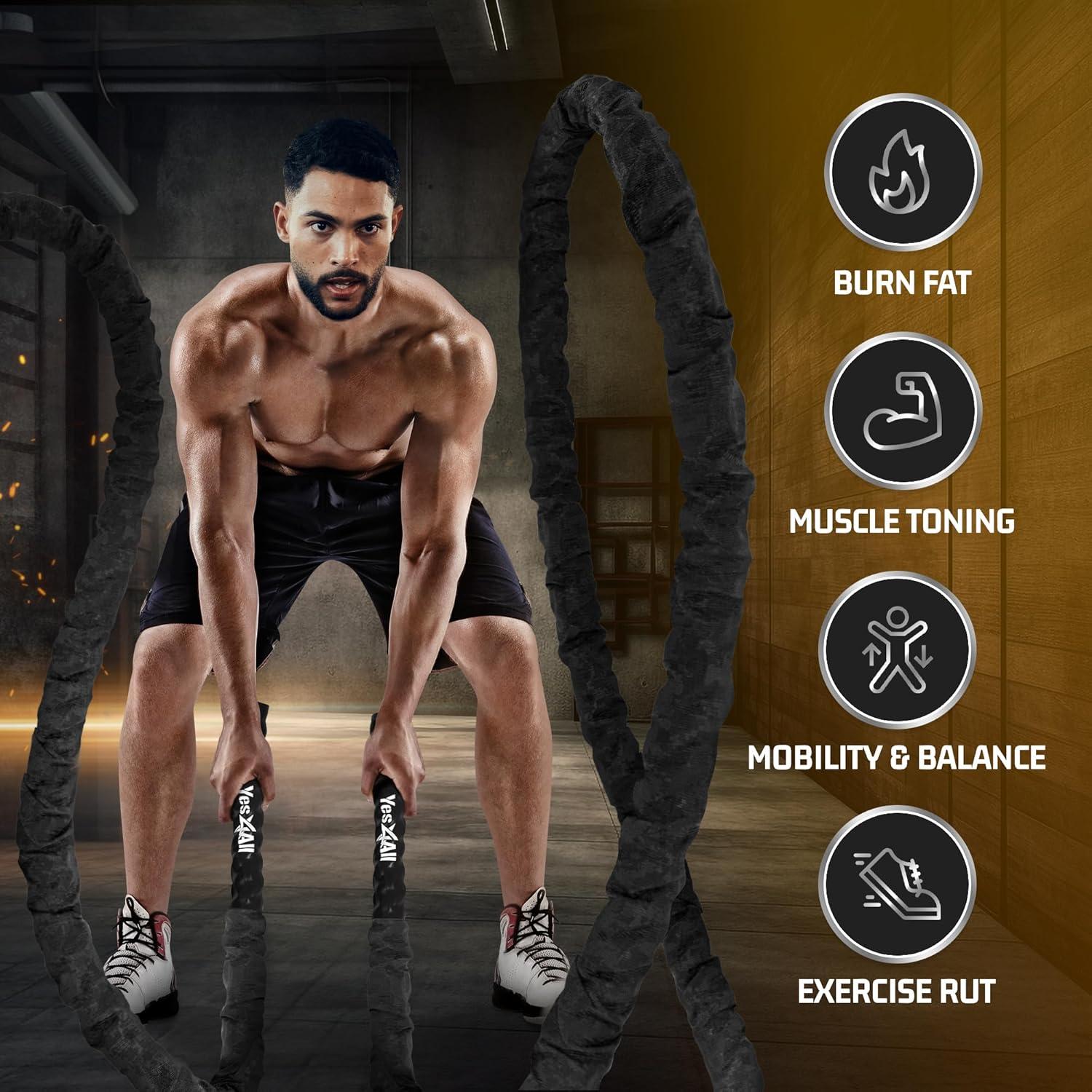 image:imageYes4All Battle Ropes Workout Rope with Cover Steel Anchor amp Strap Included Heavy Ropes for Exercise Training 152 Inch Diameter 30 40 50 Ft LengthBlack