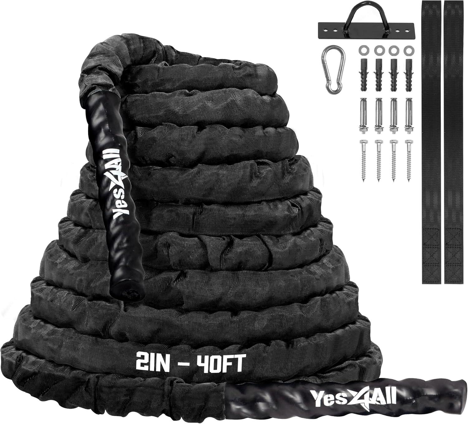 image:imageYes4All Battle Ropes Workout Rope with Cover Steel Anchor amp Strap Included Heavy Ropes for Exercise Training 152 Inch Diameter 30 40 50 Ft LengthBlack