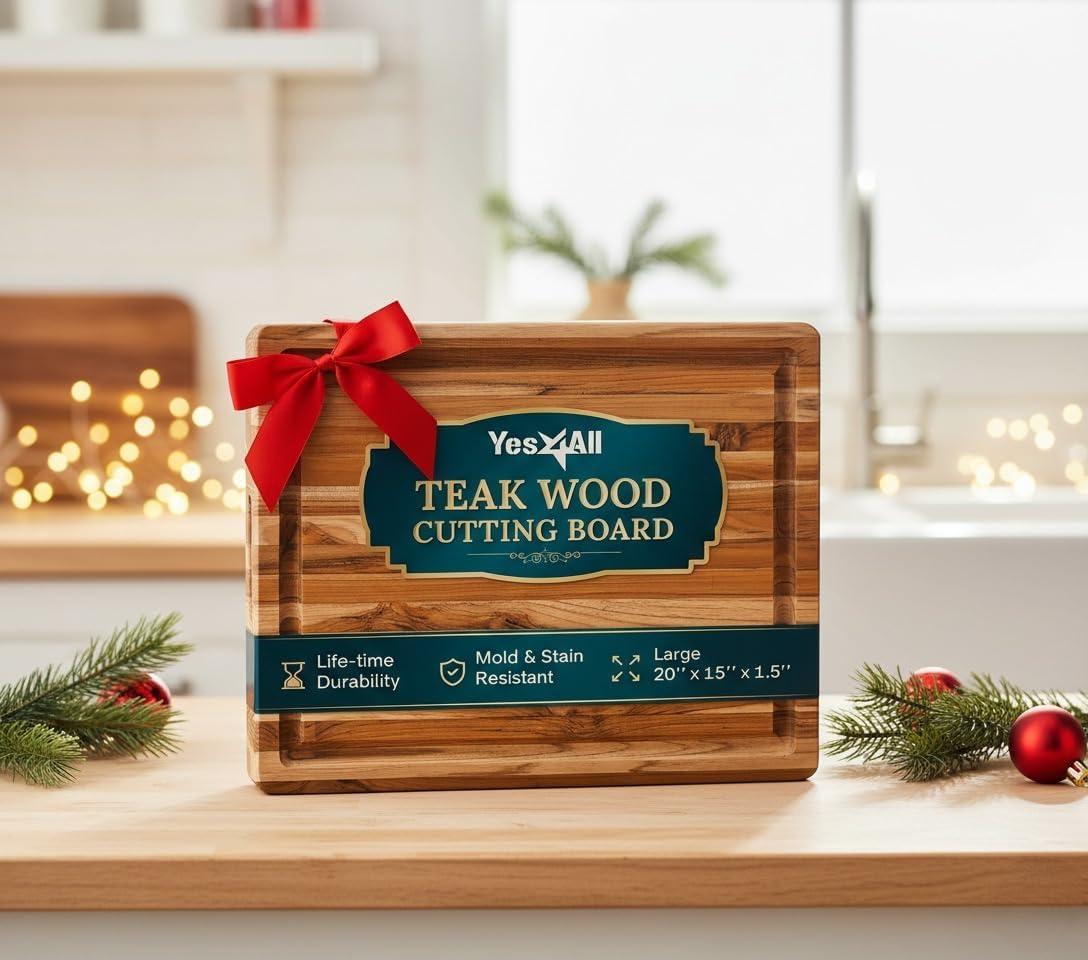 image:imageYes4All Plus Large Edge Grain Teak Cutting Board for Kitchen 24L x 18W x 15Thick Durable Wood with Juice Grooves PreOiled Easy Grip Handles Ideal for Chopping and ServingTeak