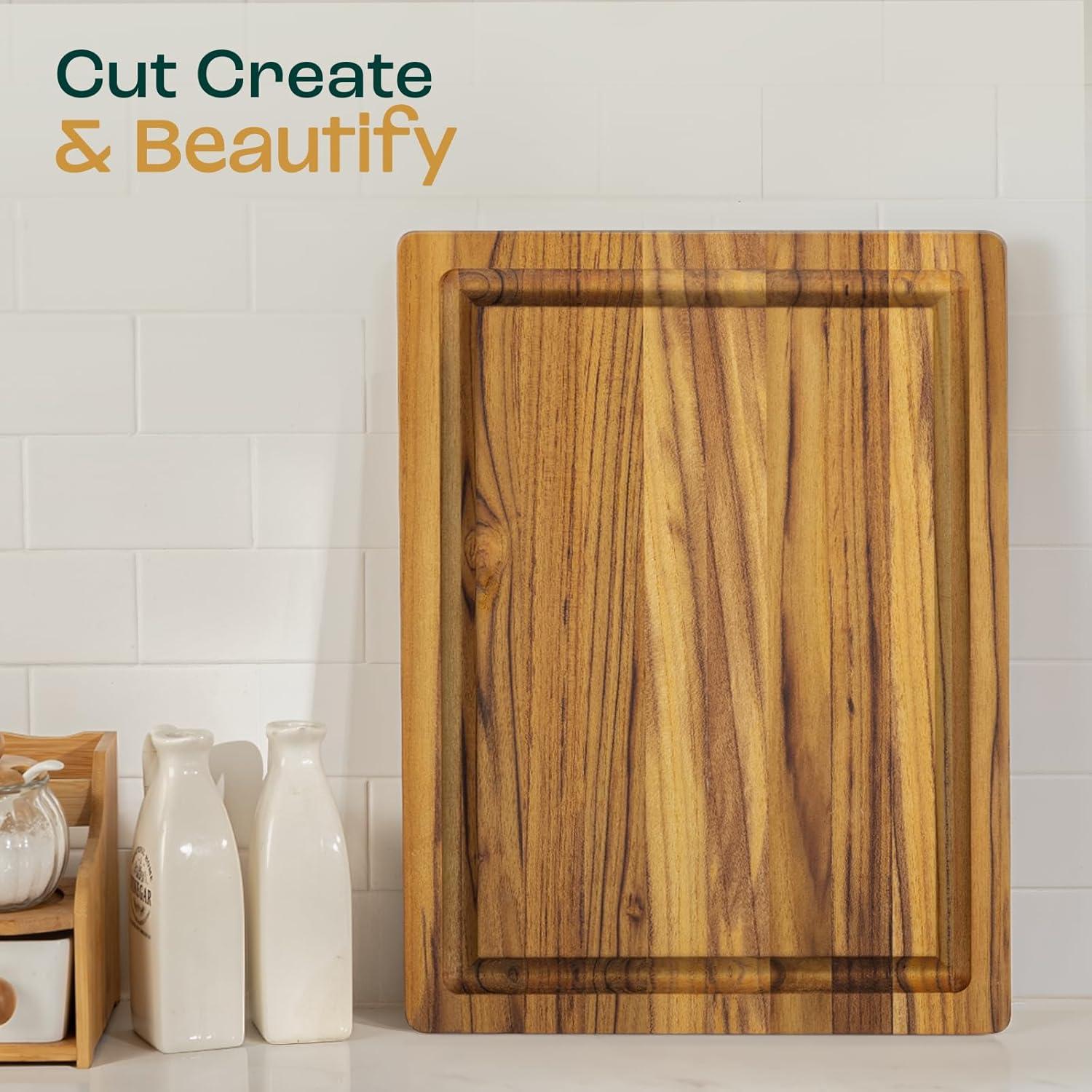 image:imageYes4All Plus Large Edge Grain Teak Cutting Board for Kitchen 24L x 18W x 15Thick Durable Wood with Juice Grooves PreOiled Easy Grip Handles Ideal for Chopping and ServingTeak