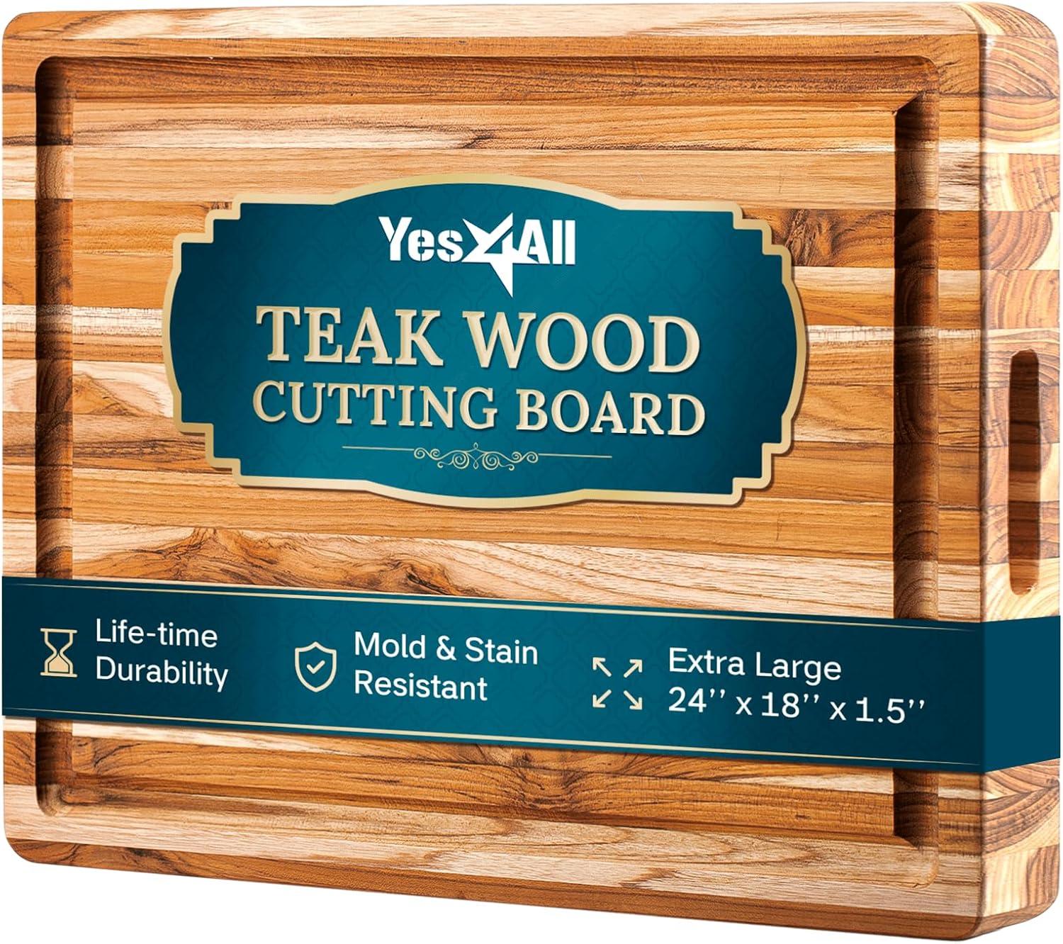 image:imageYes4All Plus Large Edge Grain Teak Cutting Board for Kitchen 24L x 18W x 15Thick Durable Wood with Juice Grooves PreOiled Easy Grip Handles Ideal for Chopping and ServingTeak