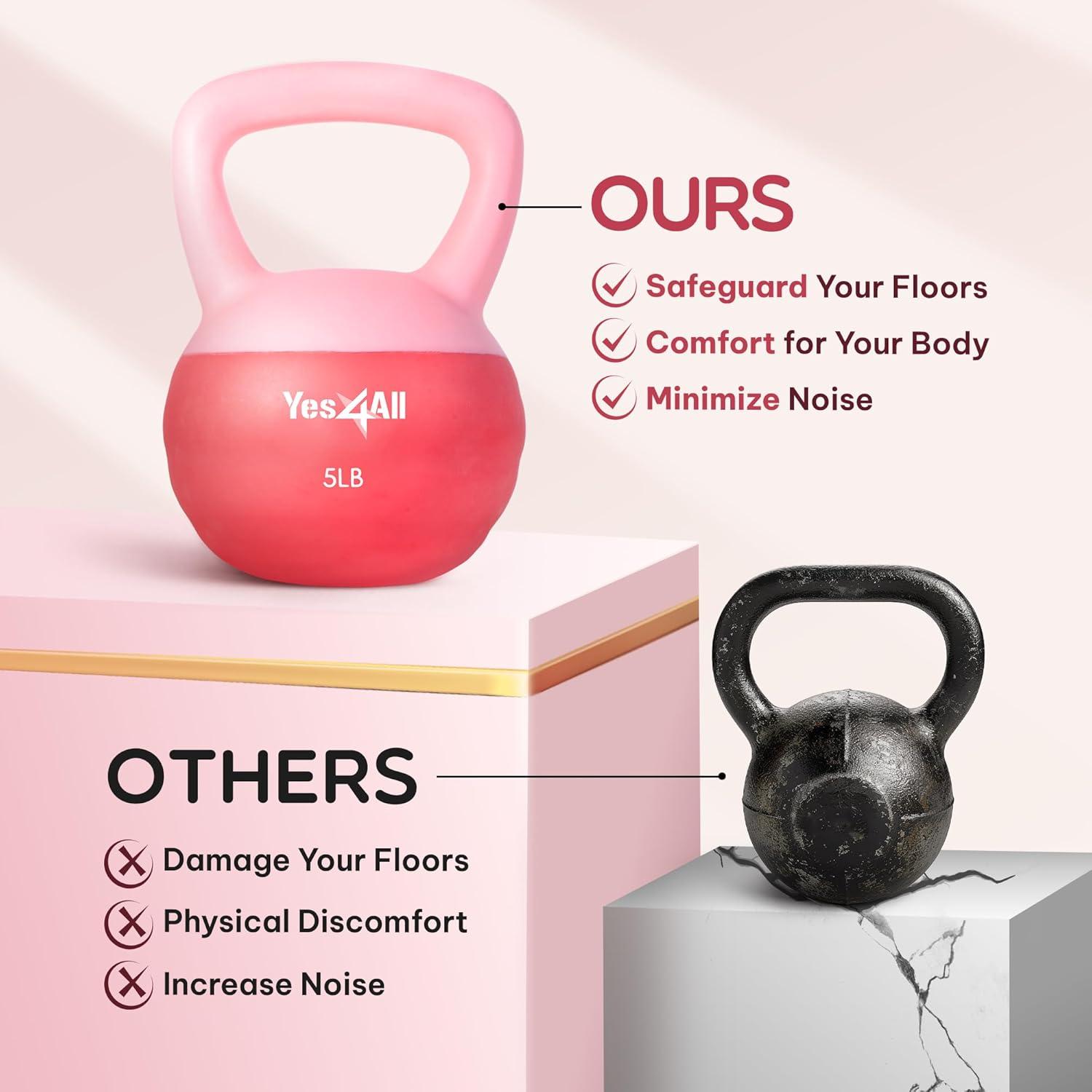 image:imageYes4All Soft Kettlebell PVC Kettlebells Exercise Weights amp ColorCoded Strength Training Kettlebells with 4 Options 5101520lb Gentle Hand Weights for Women at Home05lb Pink
