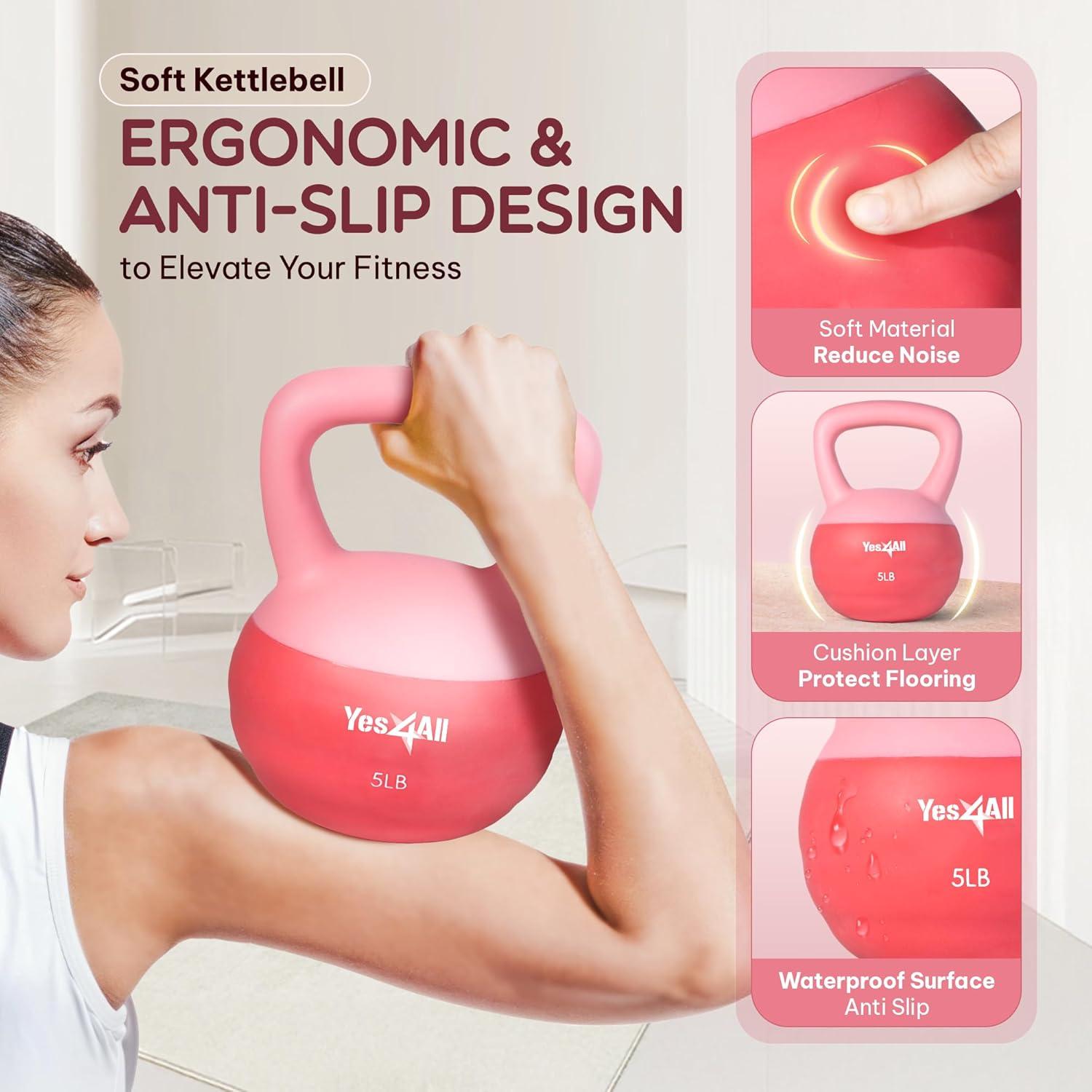 image:imageYes4All Soft Kettlebell PVC Kettlebells Exercise Weights amp ColorCoded Strength Training Kettlebells with 4 Options 5101520lb Gentle Hand Weights for Women at Home05lb Pink