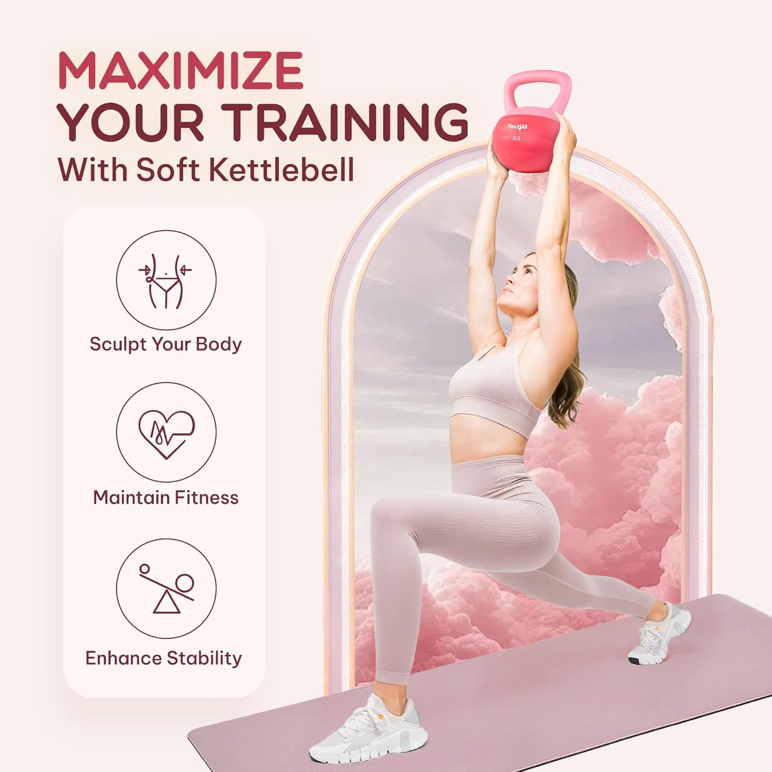image:imageYes4All Soft Kettlebell PVC Kettlebells Exercise Weights amp ColorCoded Strength Training Kettlebells with 4 Options 5101520lb Gentle Hand Weights for Women at Home05lb Pink